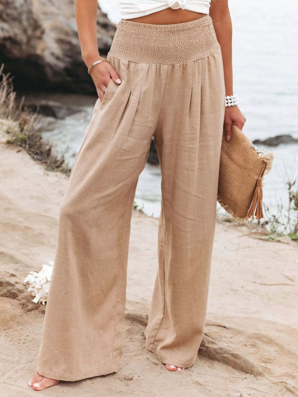 Smocked High-Waisted Wide Leg Pants