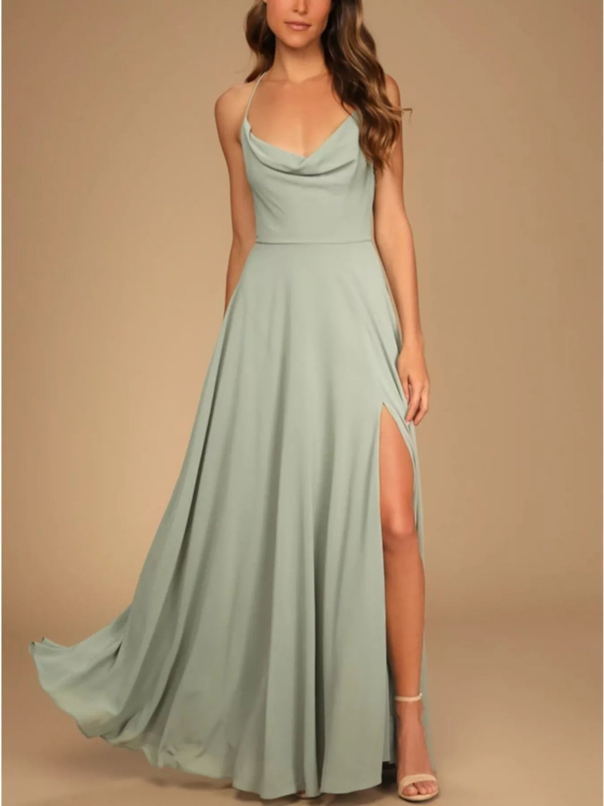 Backless Lace-Up Slit Cowl Neck Maxi Dress by Elegant Elements