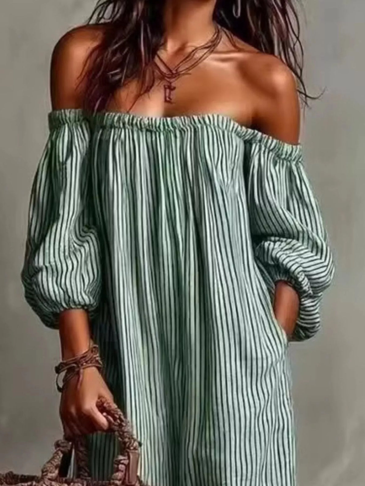 Off-Shoulder Striped Maxi Dress with Puff Sleeves