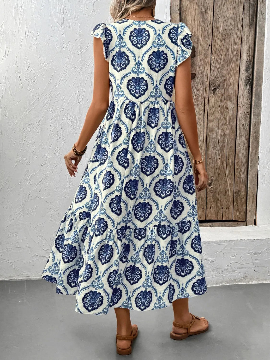 Printed V-Neck Cap Sleeve Dress in Dark Blue