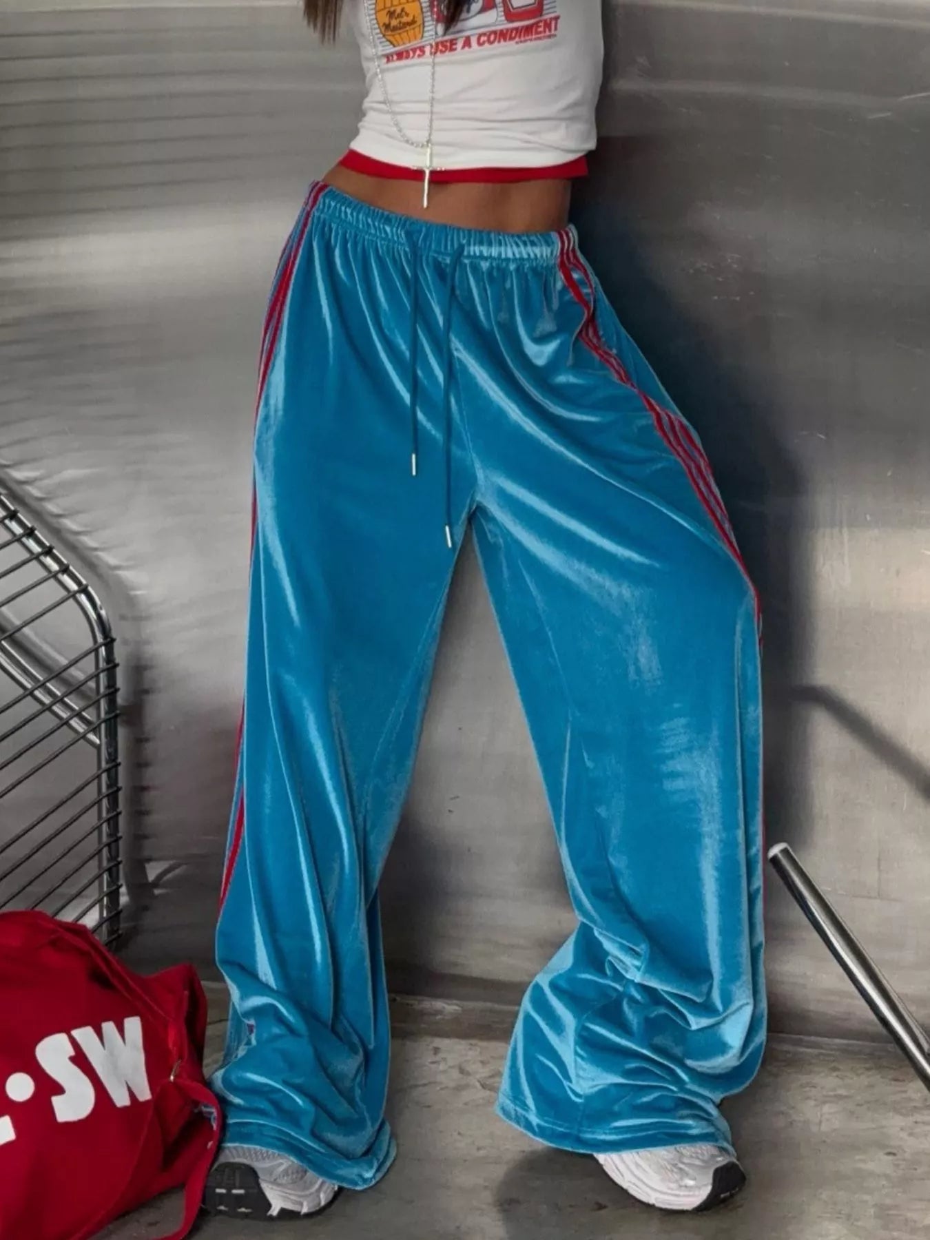 Velvet Wide-Leg Drawstring Pants
