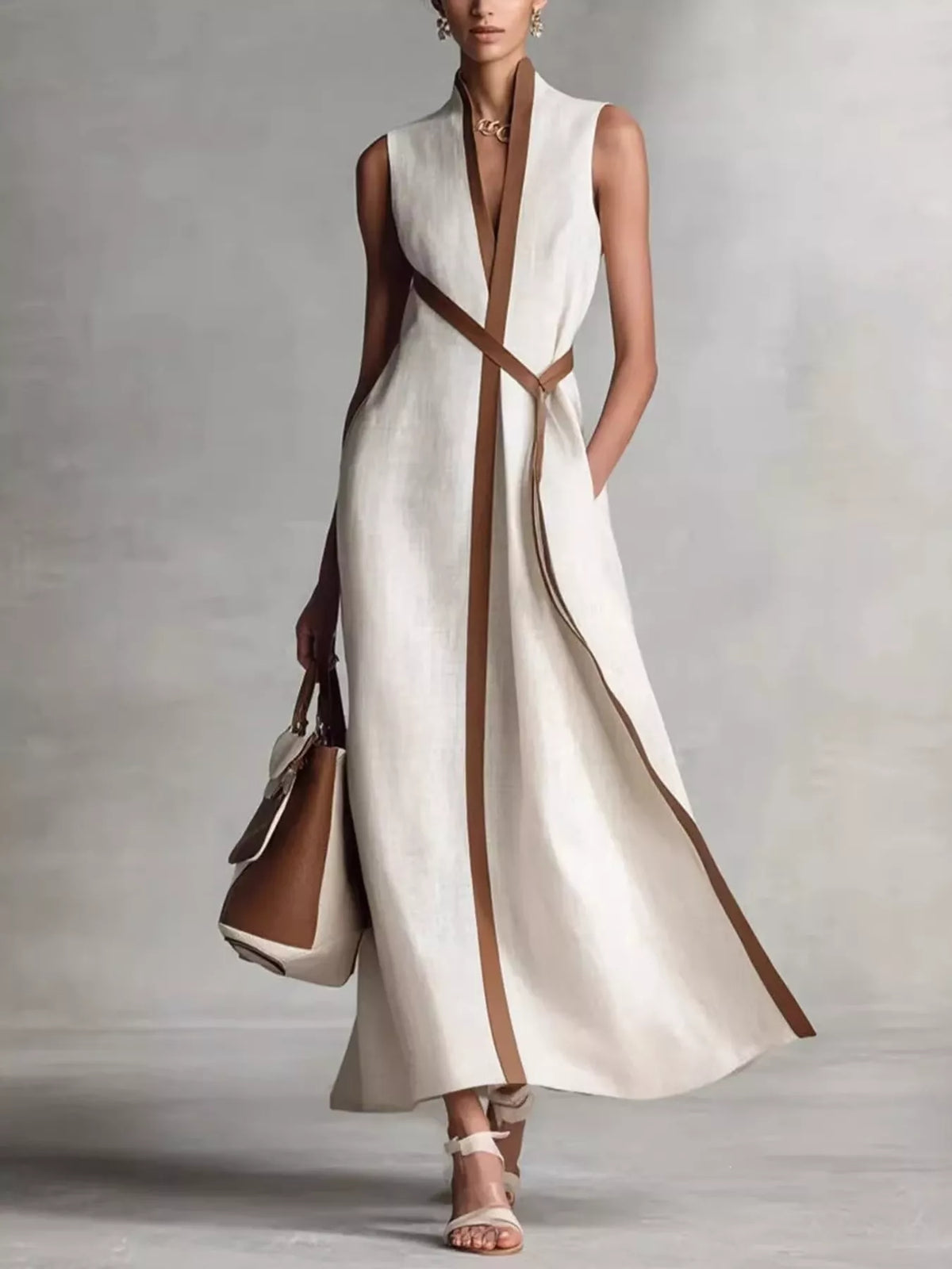 Sleeveless Wrap Maxi Dress with Contrast Trim
