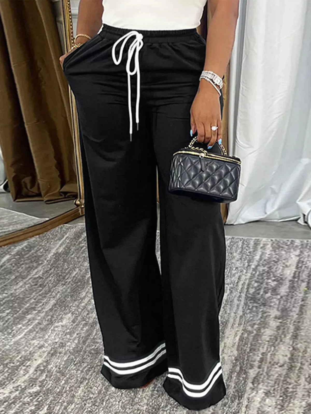 Wide-Leg Pants with Striped Hem in Black
