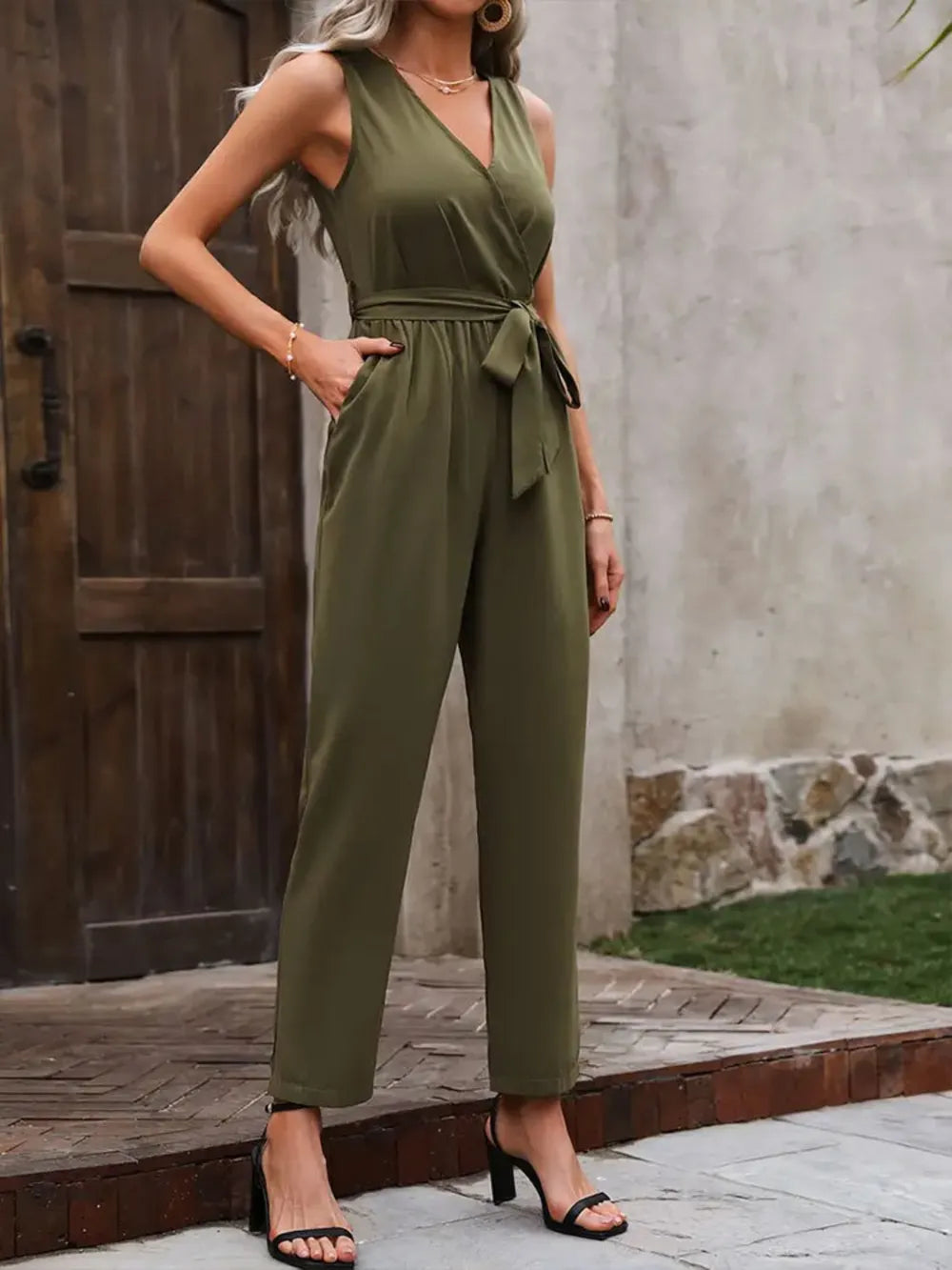 Surplice Tie Waist Jumpsuit in Army Green