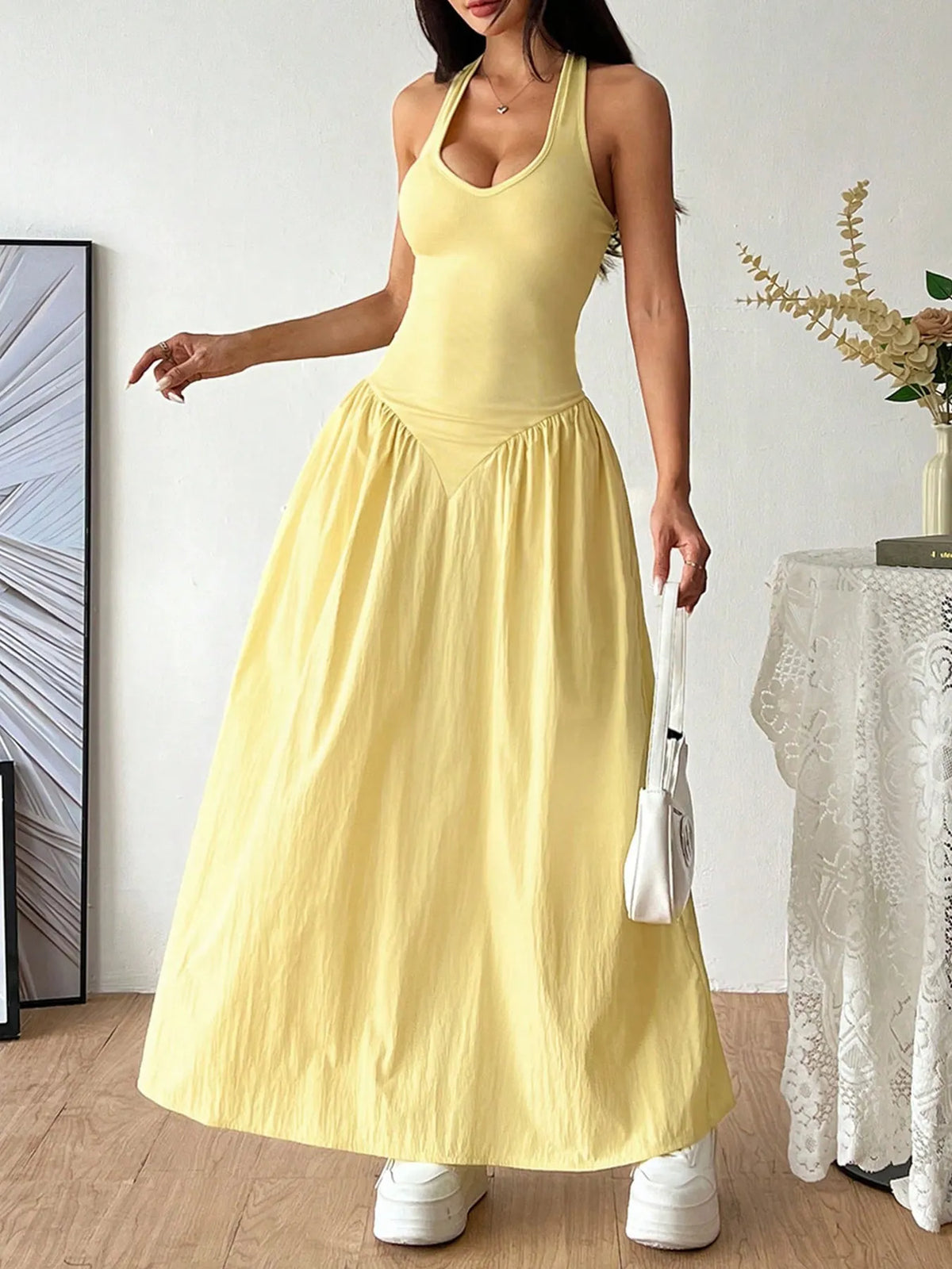 Halter Neck Maxi Dress in Light Yellow