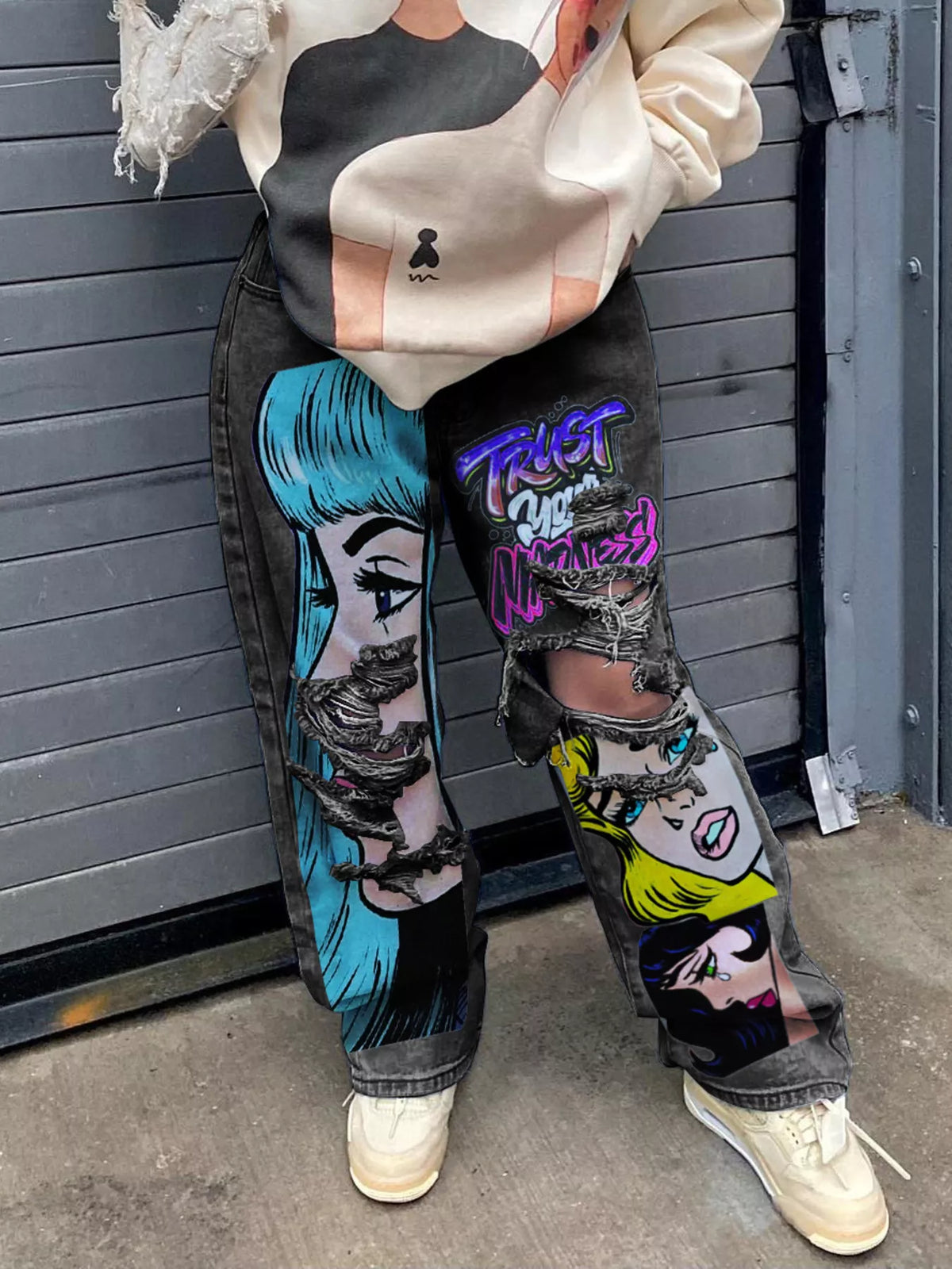 Pop Art Graphic Distressed Wide-Leg Jeans