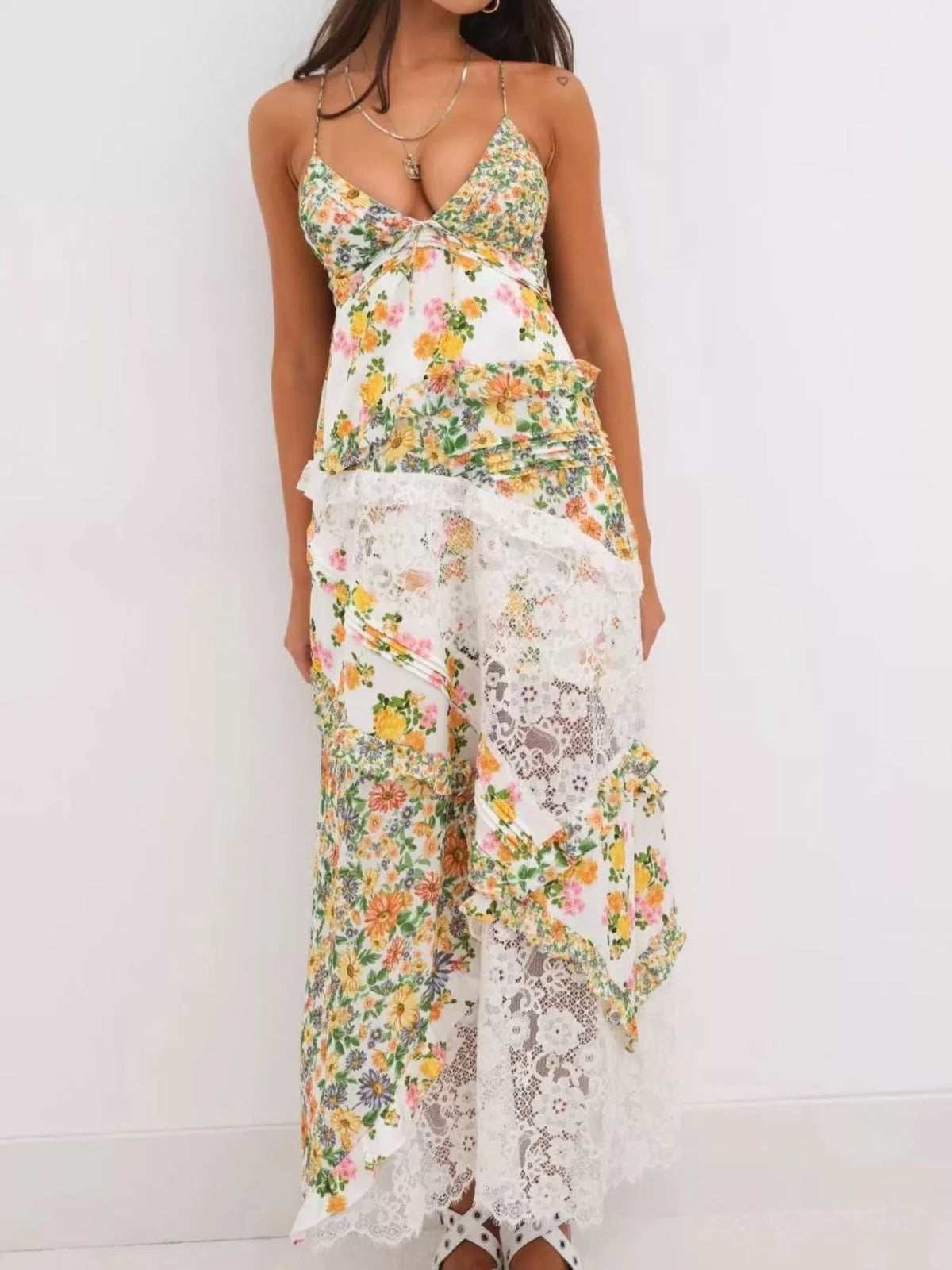 Lace Detail Ruffled V-Neck Maxi Dress