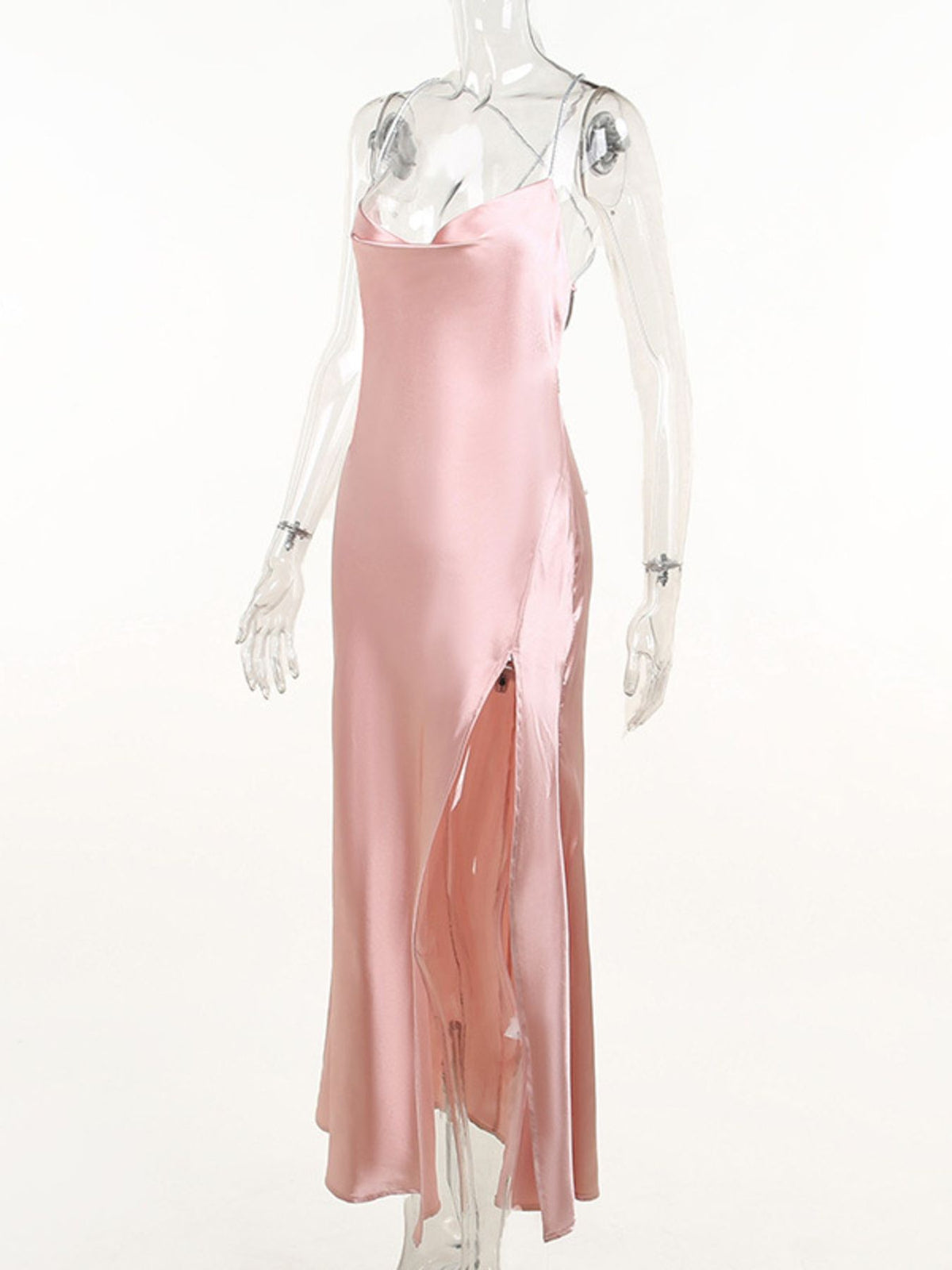 Satin Cowl Neck High-Slit Dress with Lace-Up Back