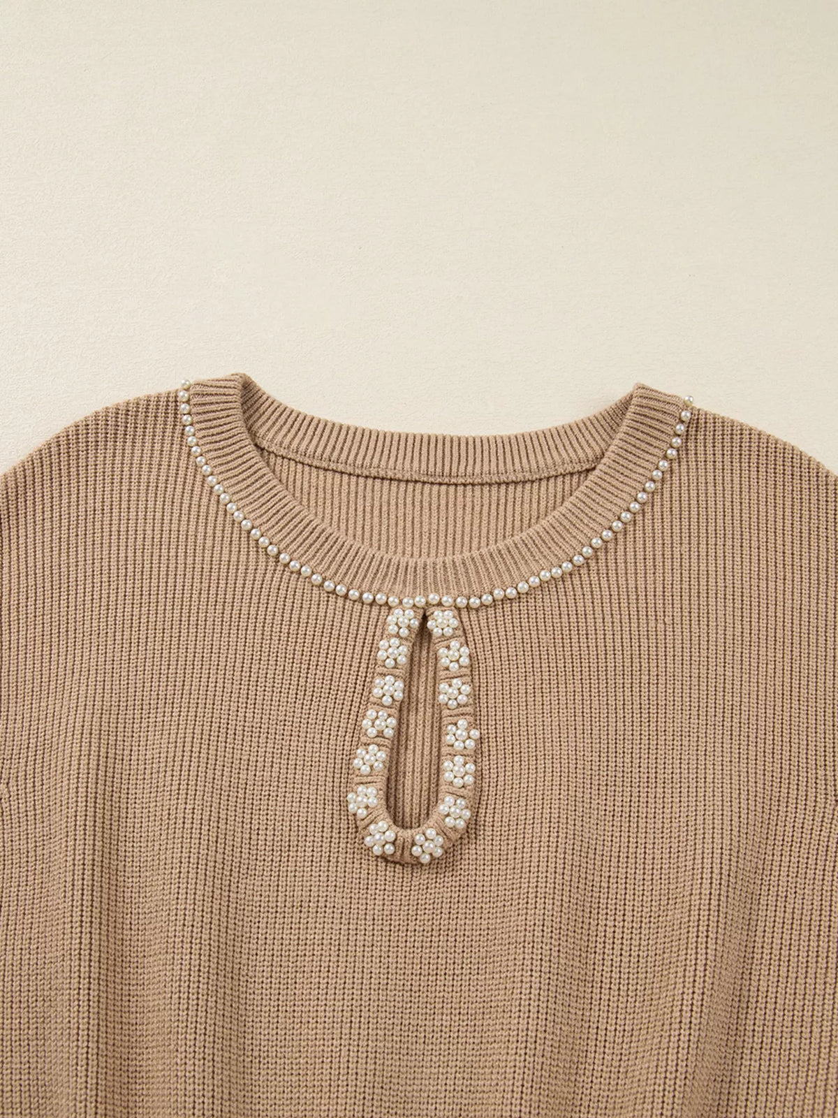 Pearl Embellished Keyhole Sweater Dress in Camel