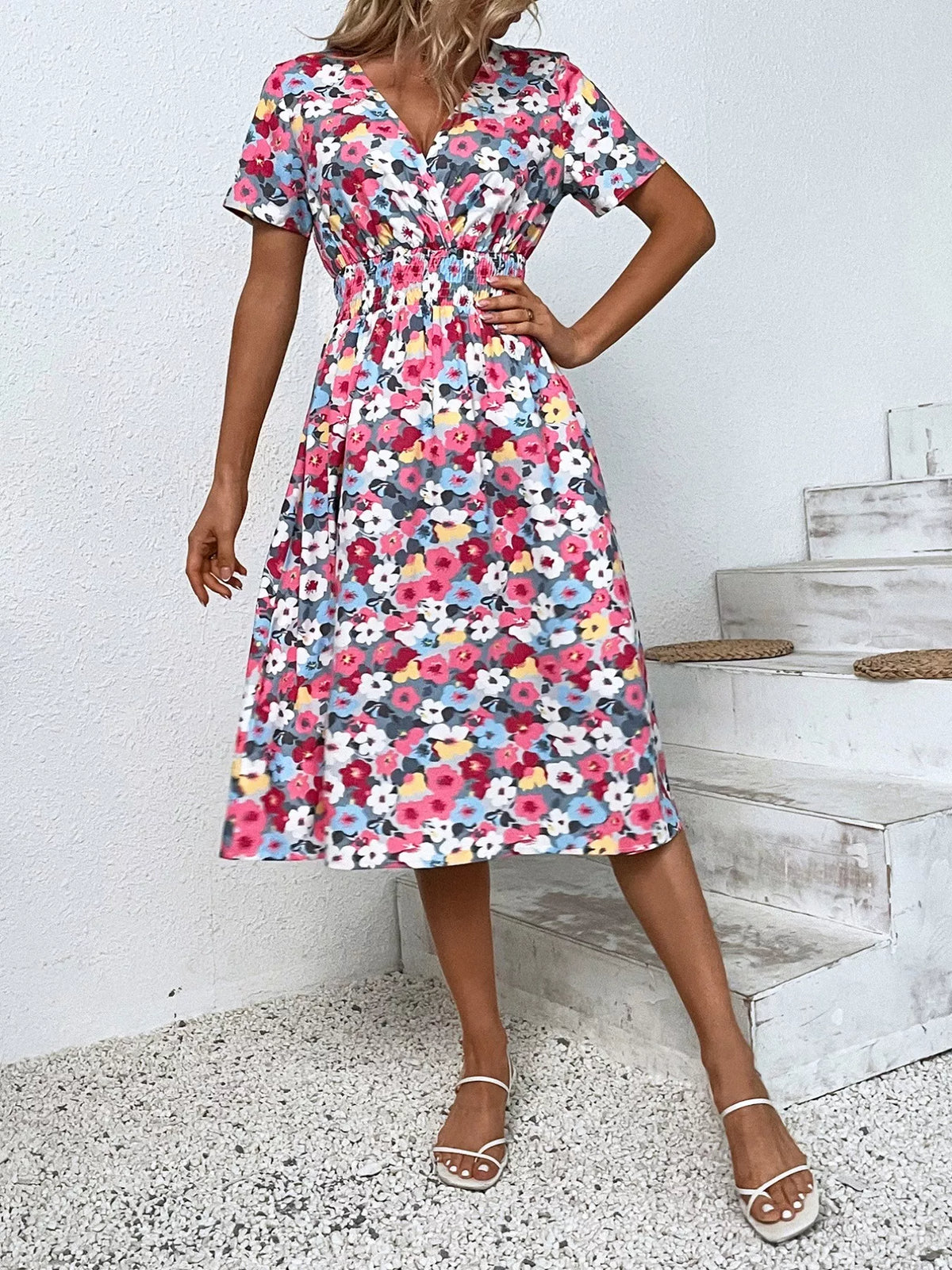 Smocked Printed Short-Sleeve Midi Dress