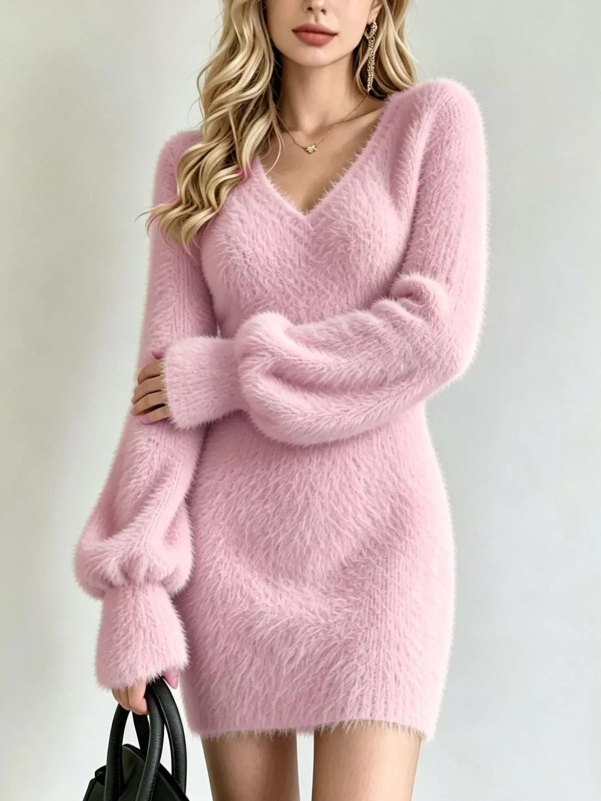 Fuzzy V-Neck Long Sleeve Sweater Dress