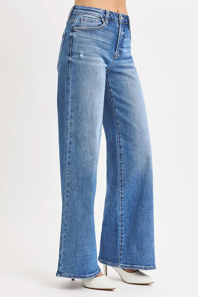 Risen High-Rise Wide Leg Jeans in Medium Wash