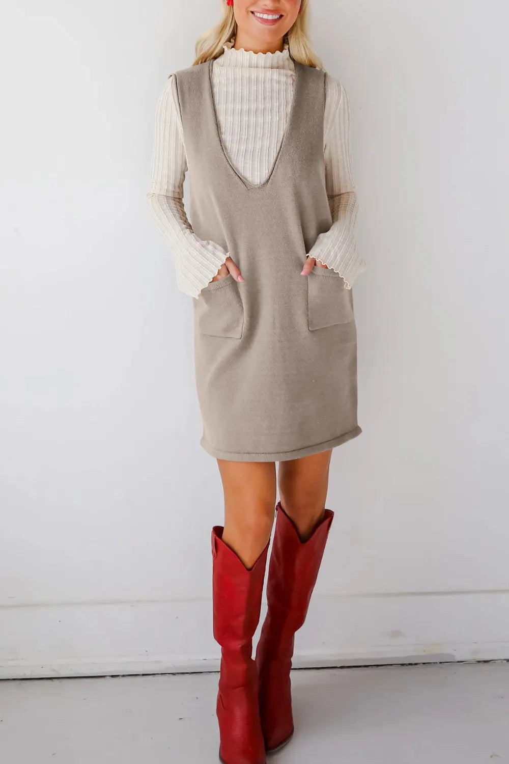 Pocketed V-Neck Mini Sweater Overall Dress
