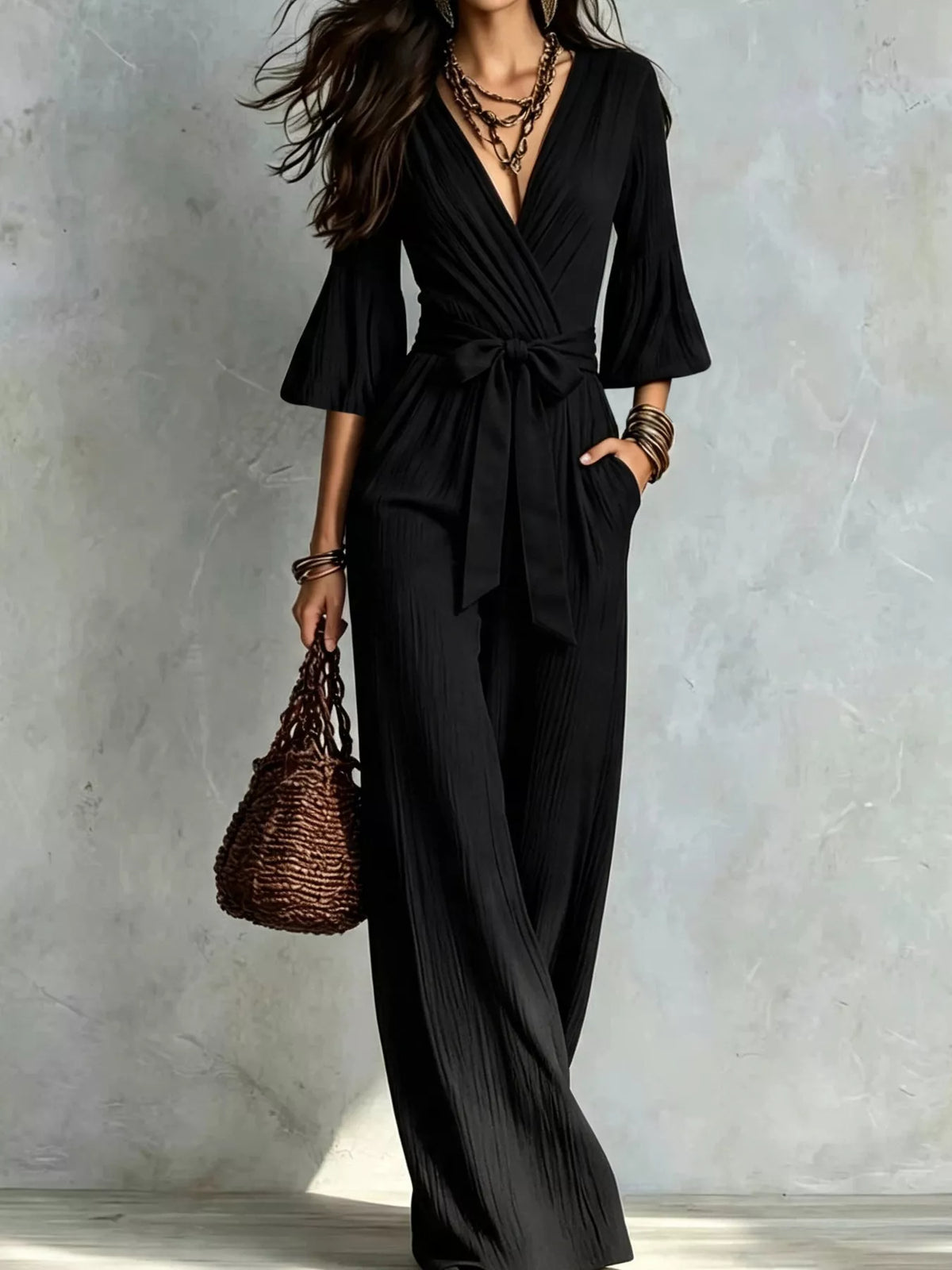 Pleated Wide-Leg Jumpsuit with Tie Waist