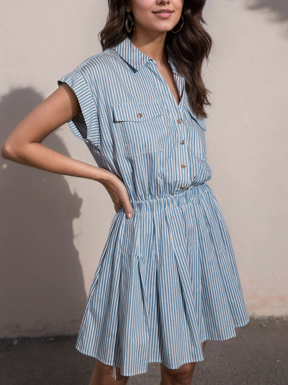 Half-Button Striped Cap-Sleeve Mini Shirt Dress in Blue