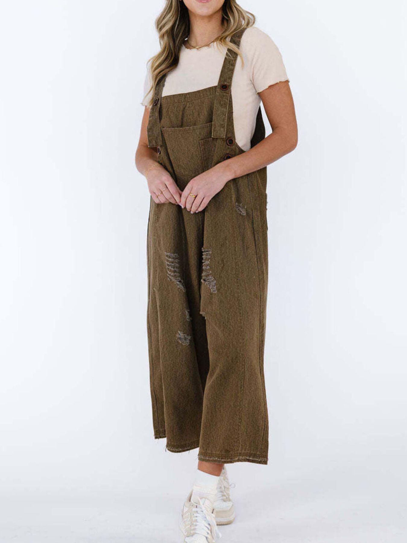 Distressed Wide Leg Denim Overalls by Dreamy Drapes