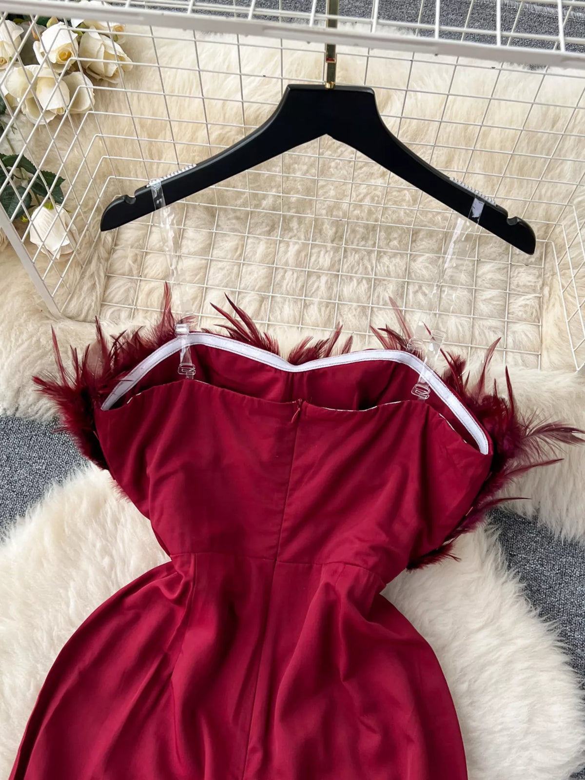 Feather-Trim Strapless Wide Leg Jumpsuit