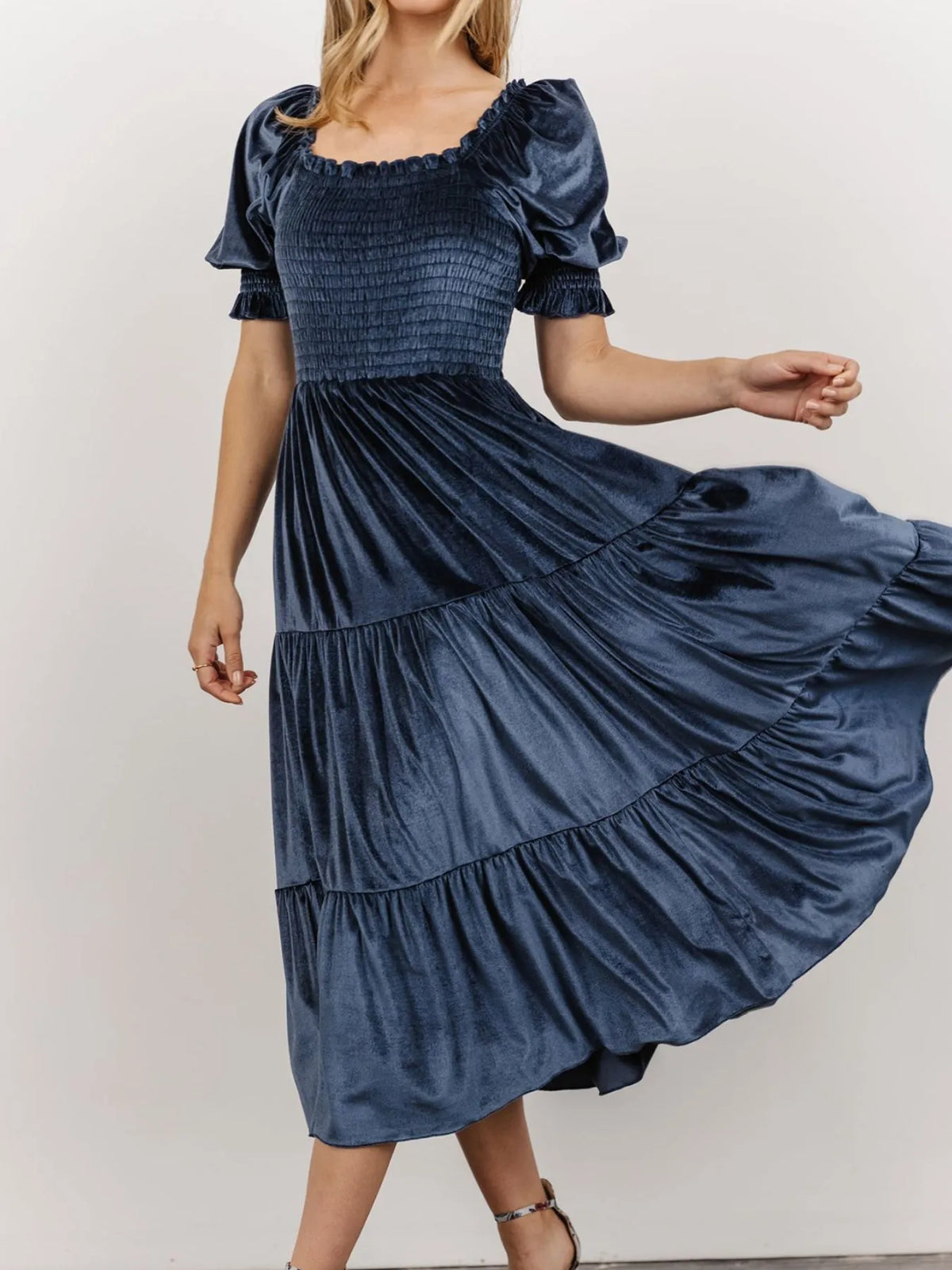 Smocked Half-Sleeve Tiered Midi Dress