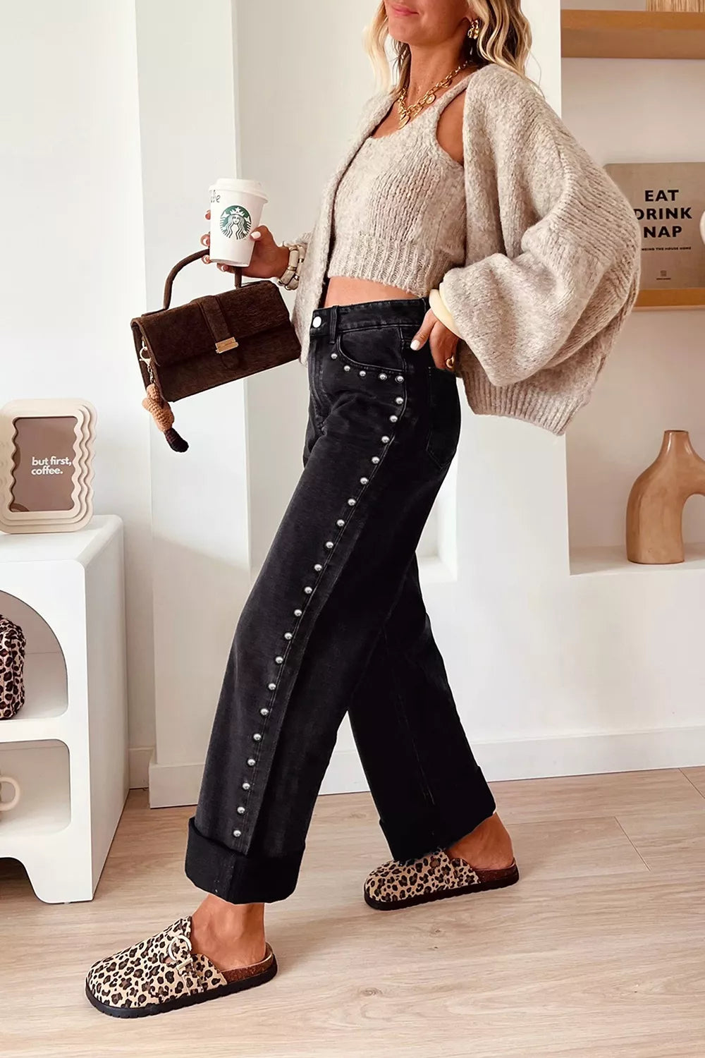 Studded Straight-Leg Jeans in Black