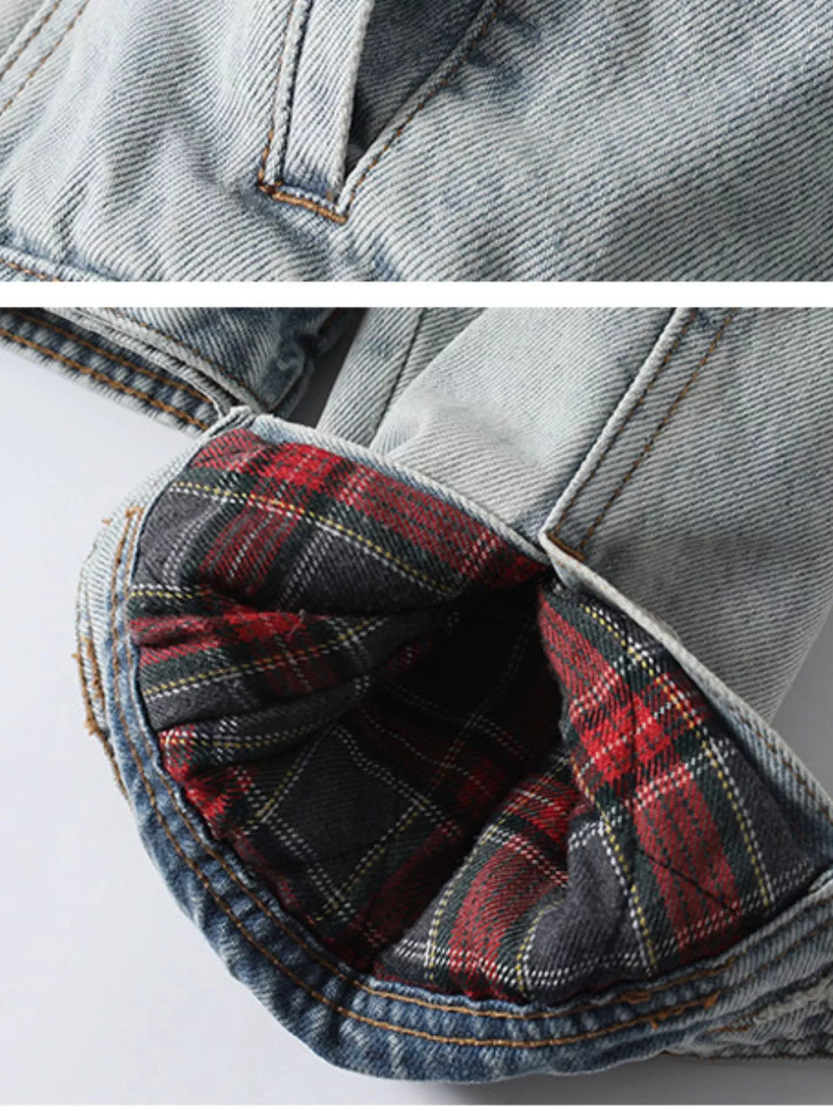 Red Plaid Sherpa-Lined Denim Jacket in Red-Plaid