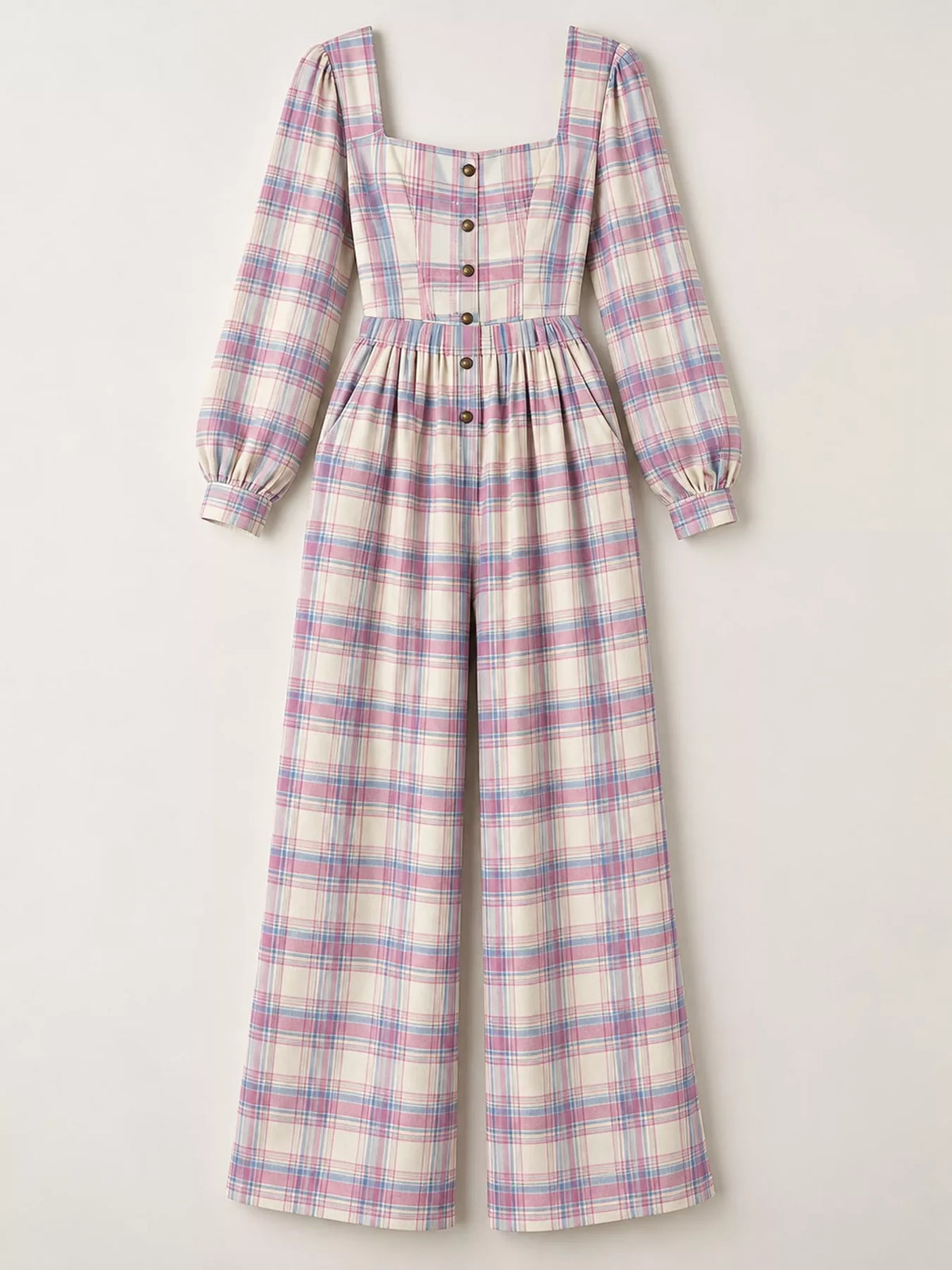 Plaid Square-Neck Wide-Leg Jumpsuit
