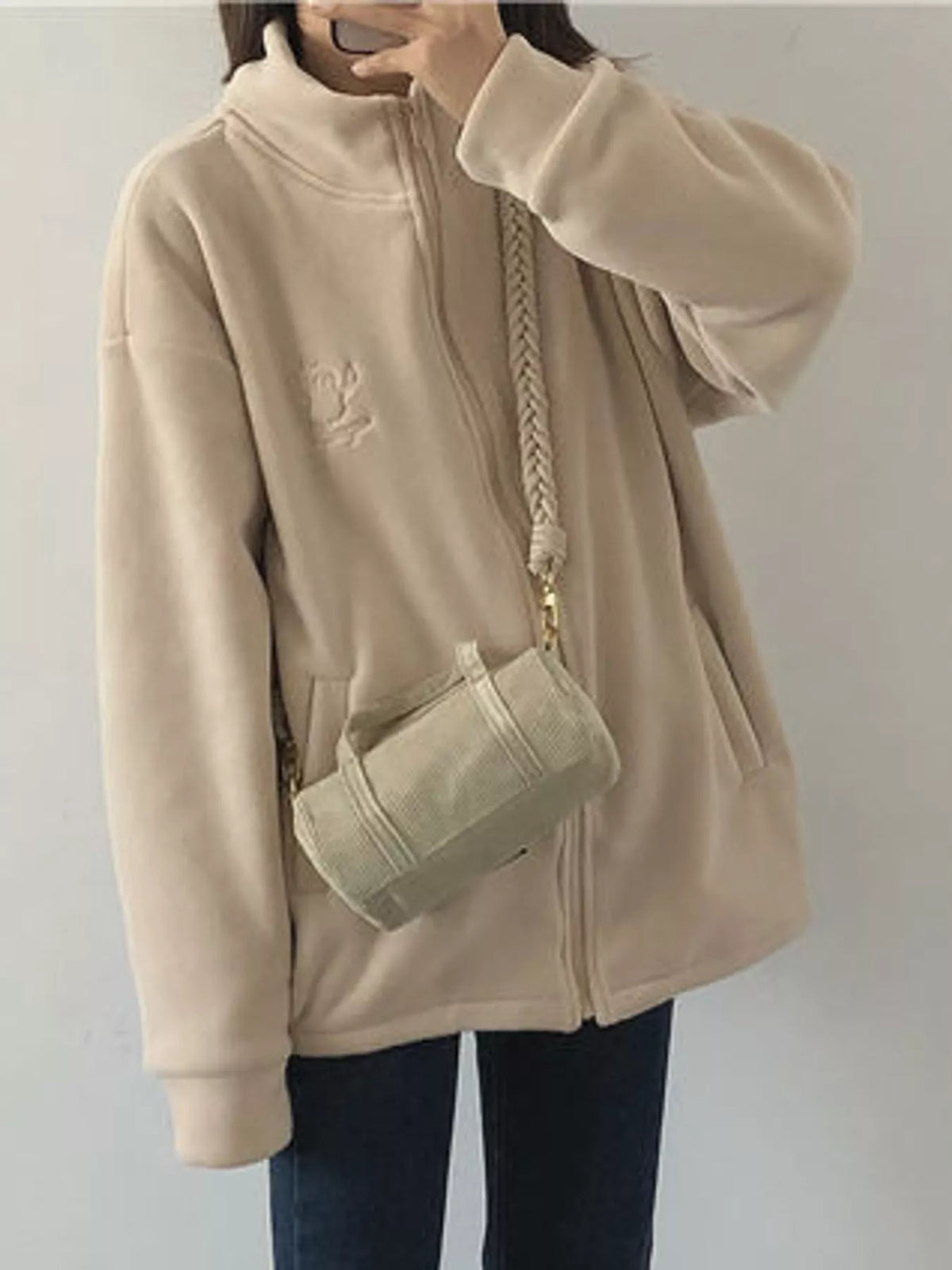 Embroidered Fleece Stand-Collar Jacket