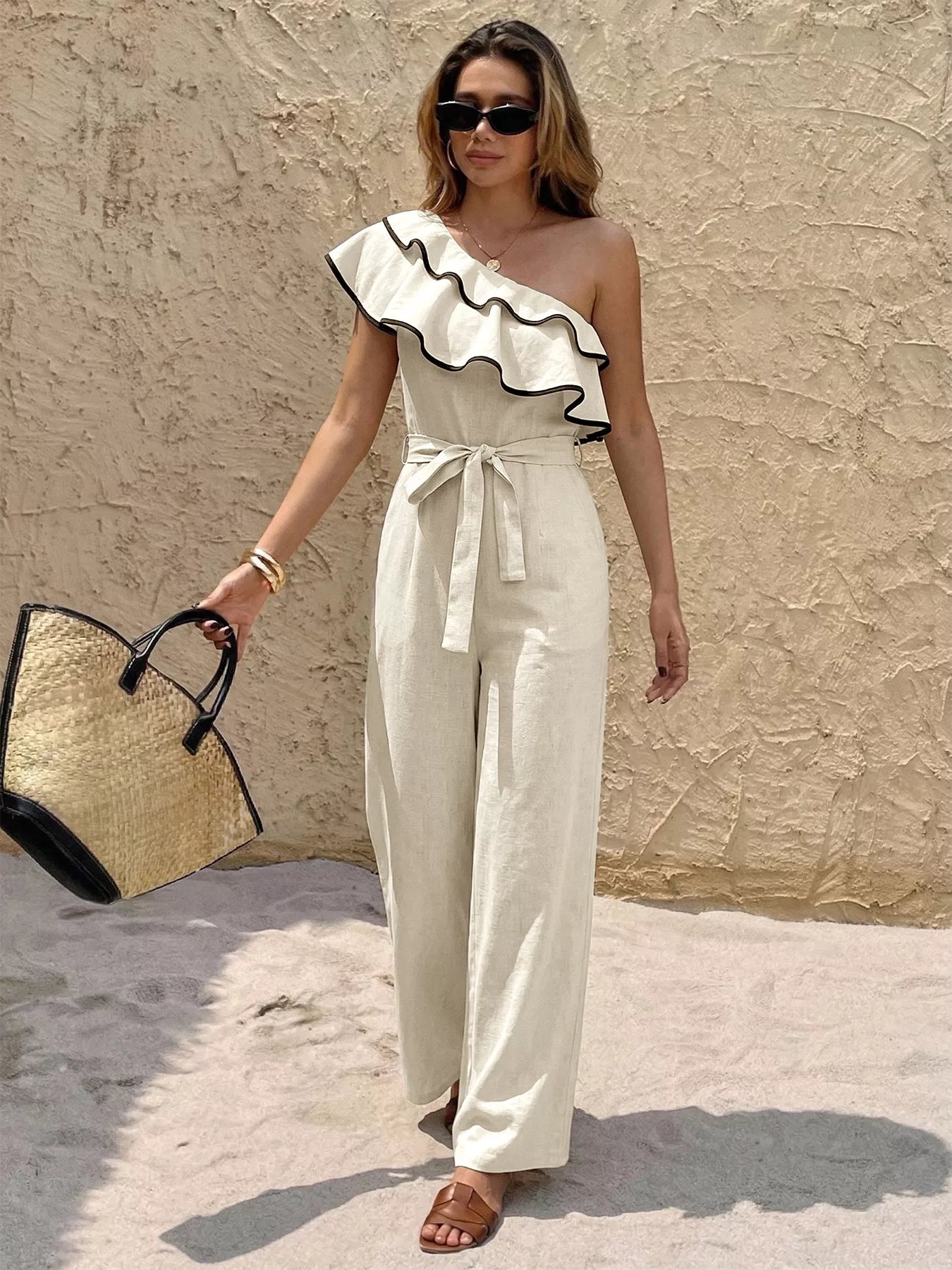 Ruffle One-Shoulder Wide Leg Jumpsuit in Khaki
