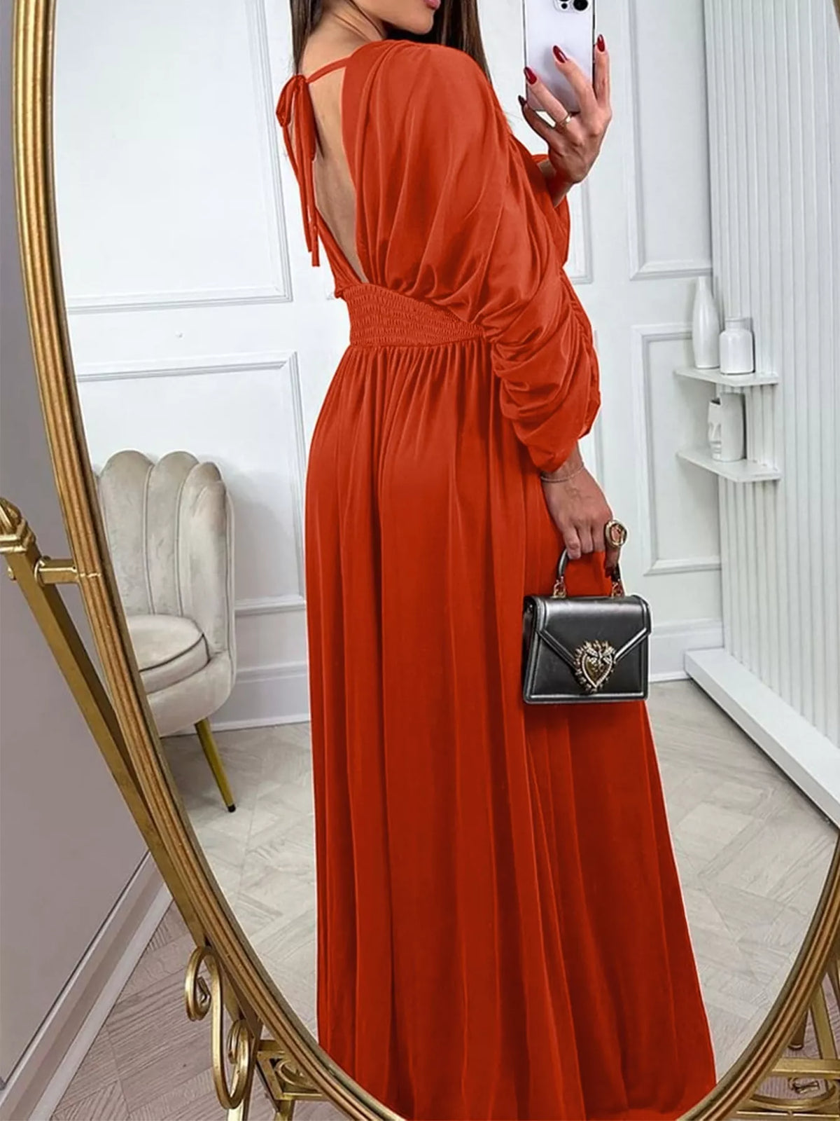 Ruched Sleeve V-Neck Maxi Dress in Orange-Red