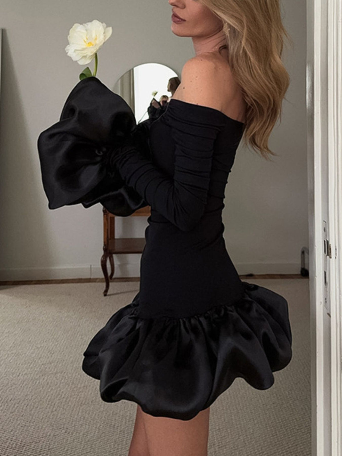 Off-Shoulder Ruffle Hem Mini Dress in Black