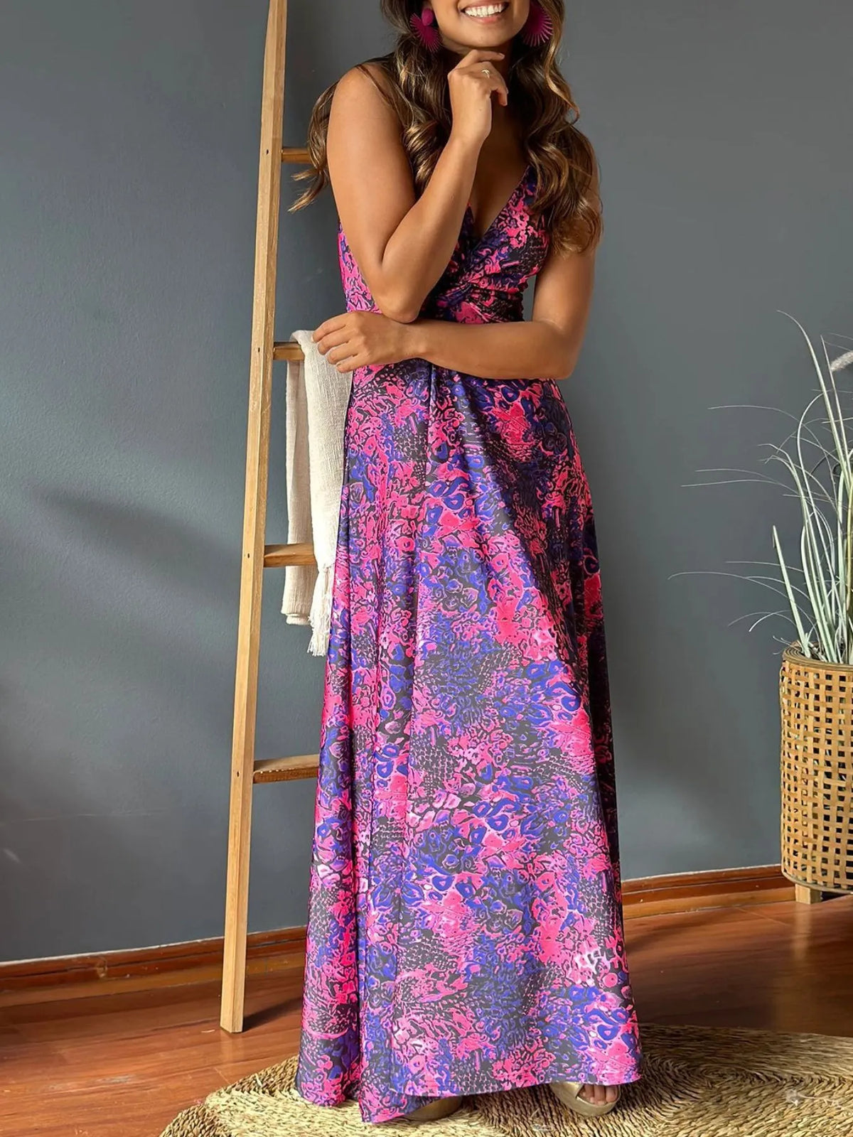Twisted V-Neck Tropical Maxi Dress