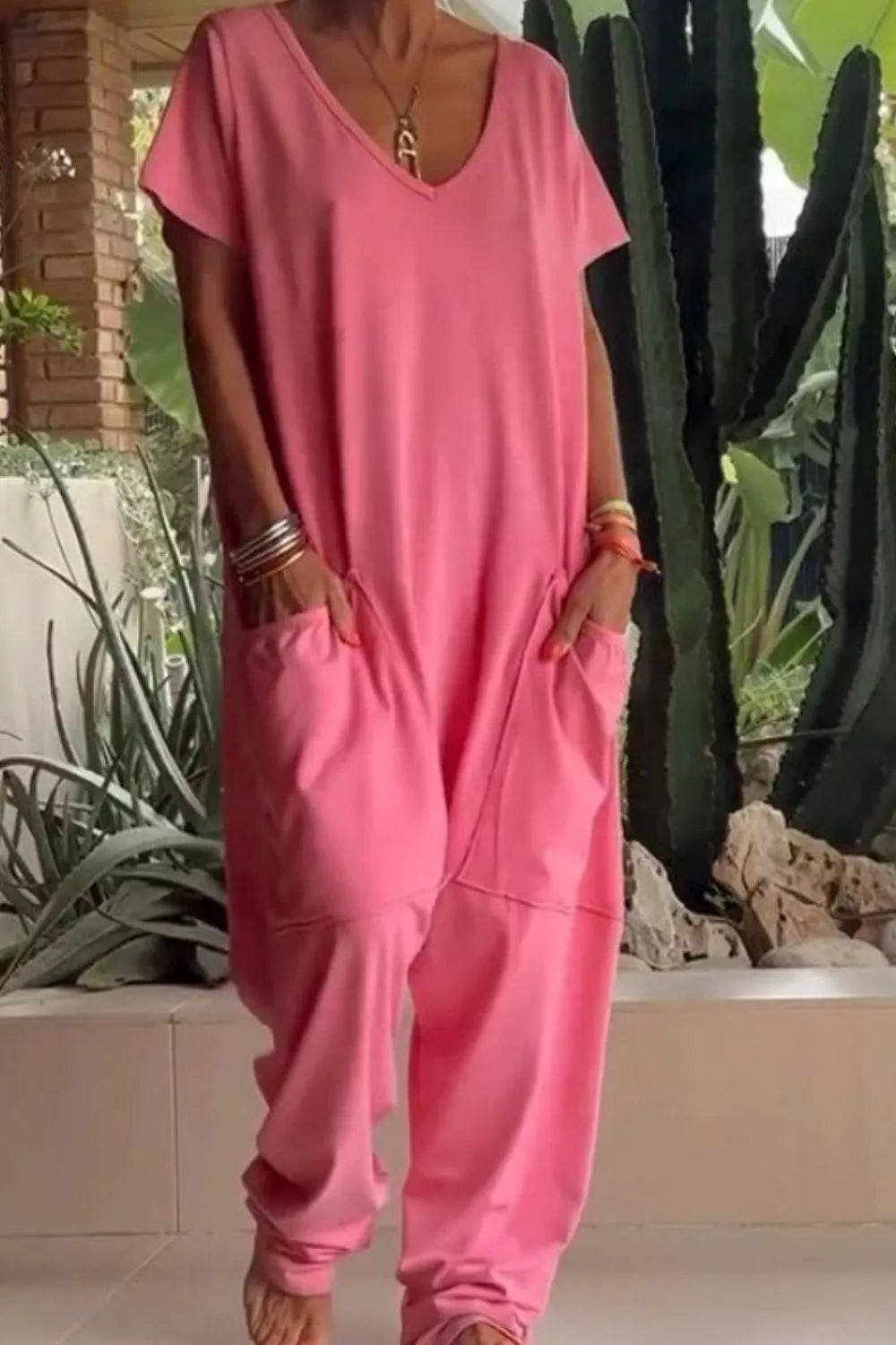 V-Neck Short Sleeve Jumpsuit with Pockets