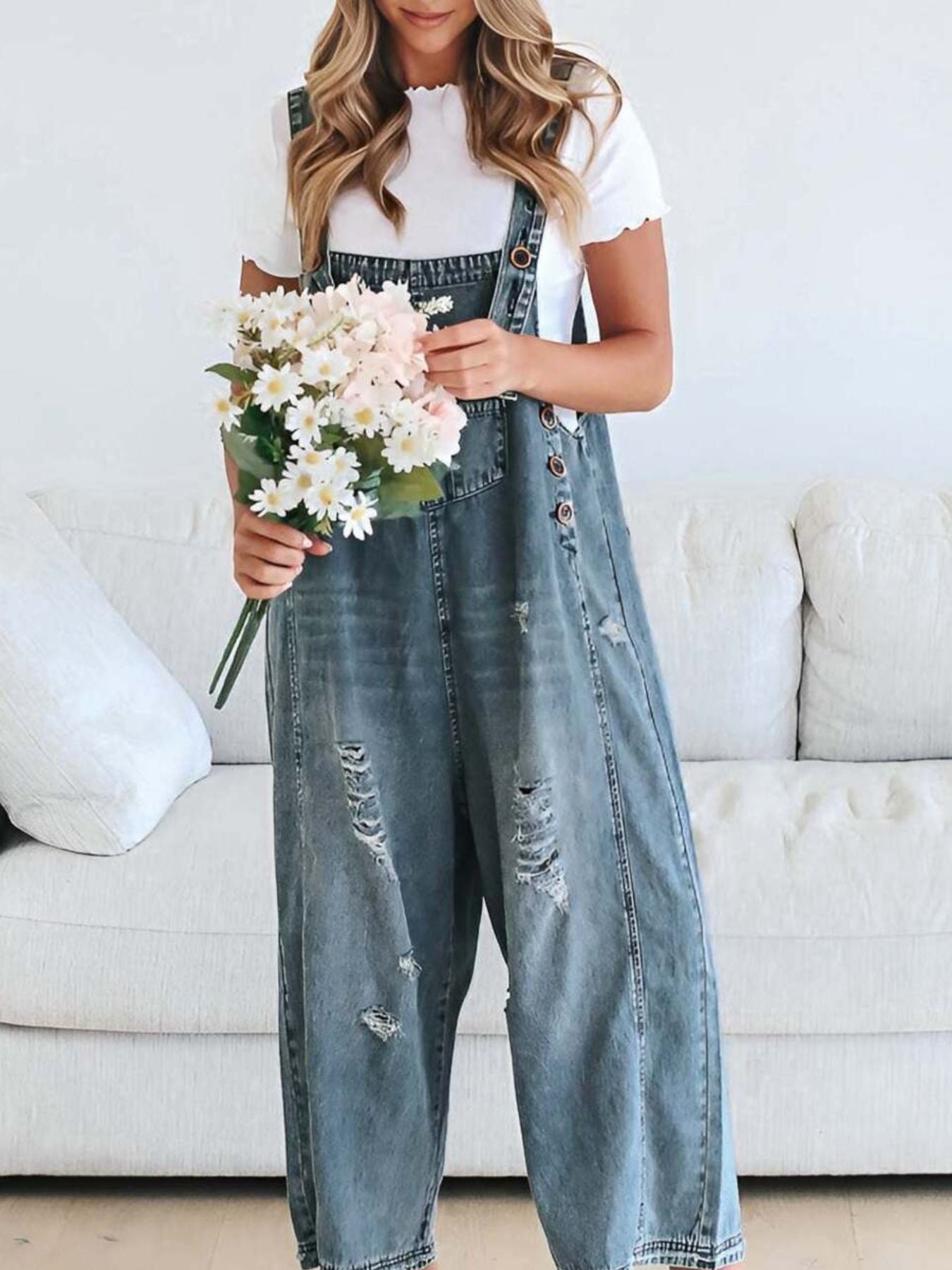 Distressed Wide Leg Denim Overalls by Dreamy Drapes