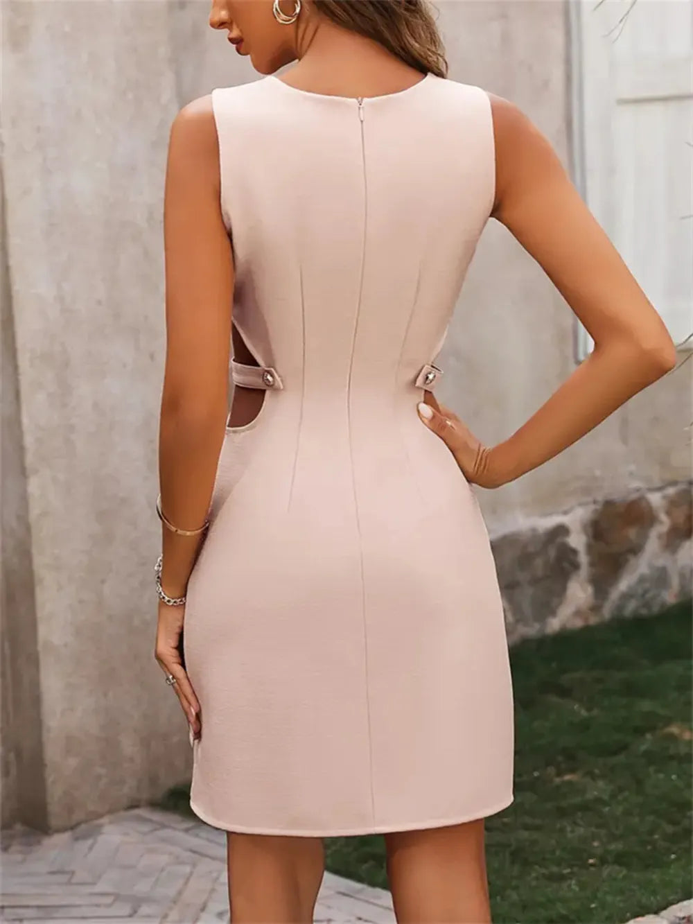 Cutout Round Neck Mini Dress in Apricot