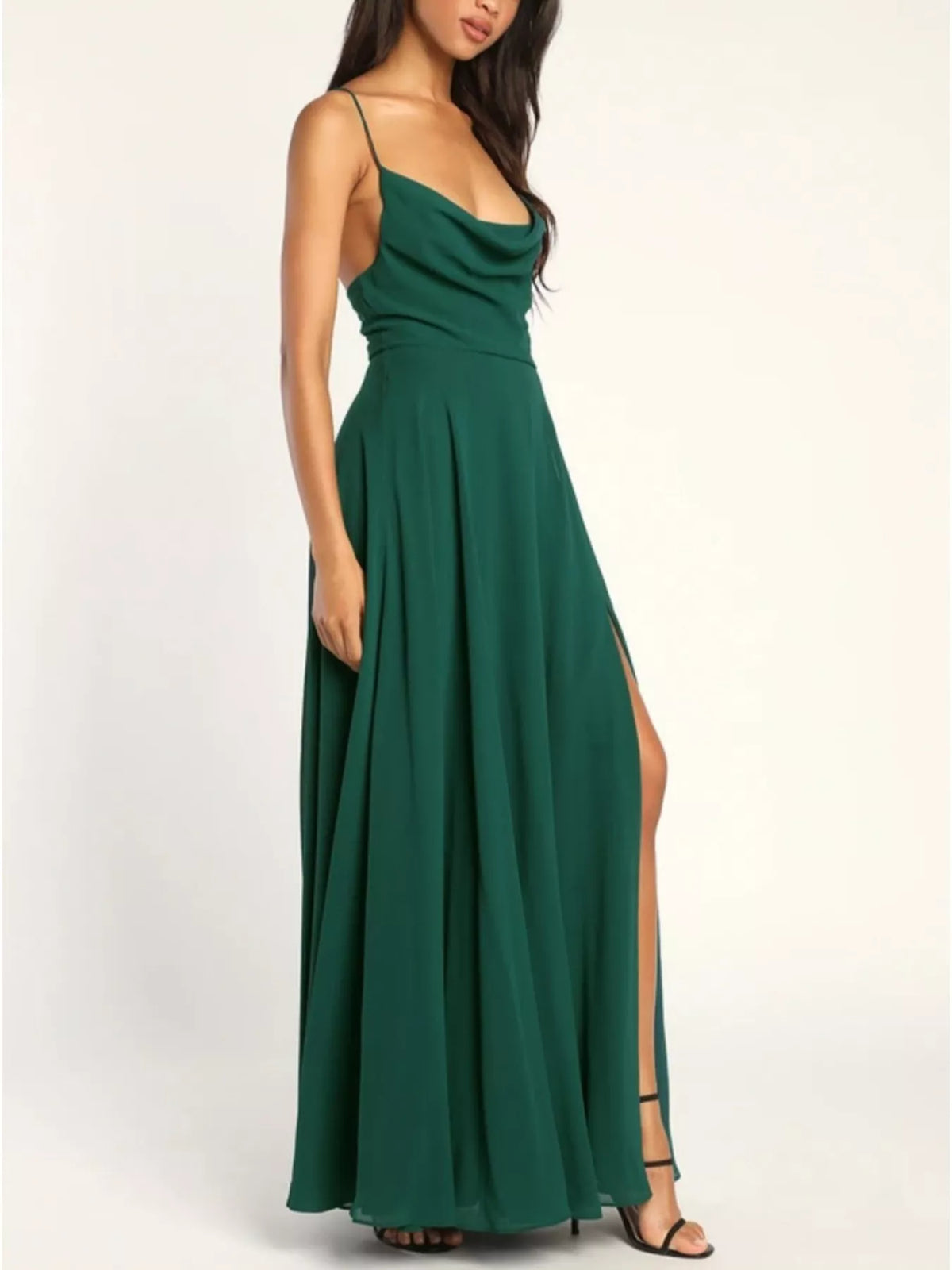 Backless Lace-Up Slit Cowl Neck Maxi Dress by Elegant Elements