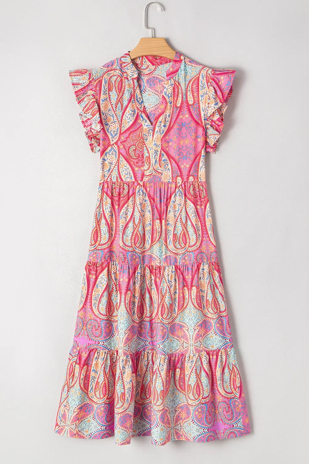 Tribal Paisley Print Midi Dress in Dusty Pink