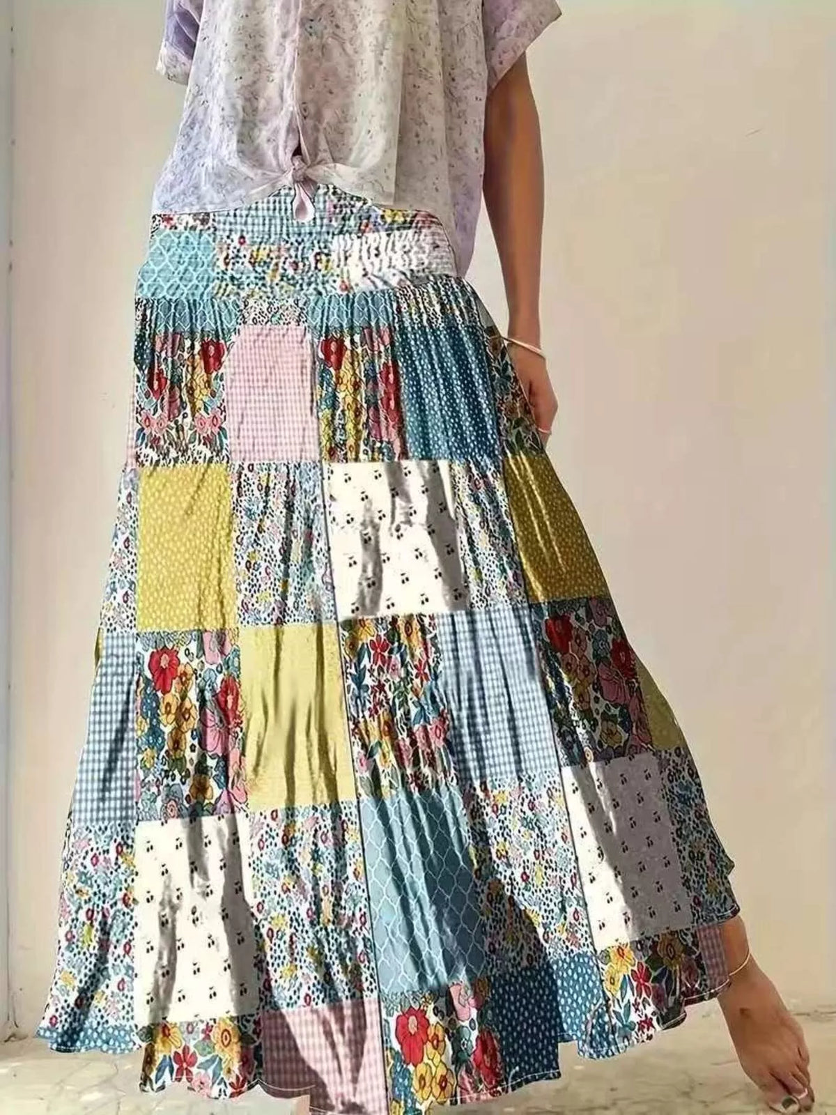 Patchwork Floral Tiered Maxi Skirt