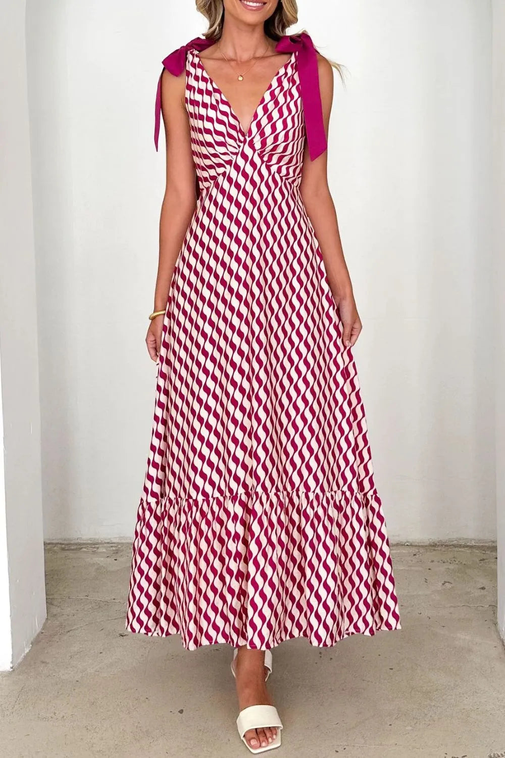 Printed Tie-Shoulder Ruched V-Neck Midi Dress