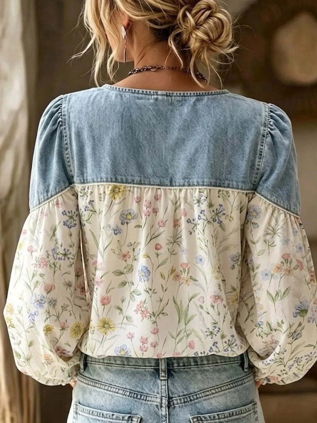 Denim Patchwork Floral Button-Up Top