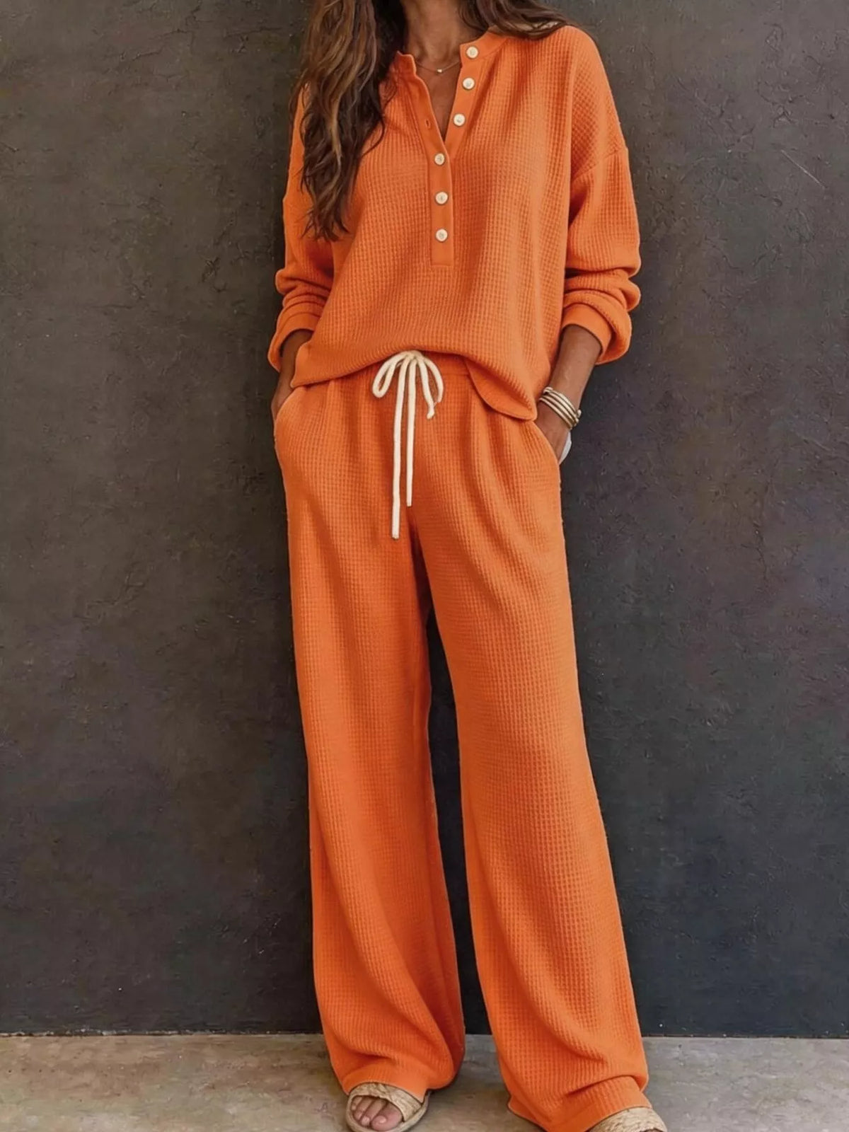Waffle-Knit Button Detail Top and Pants Set