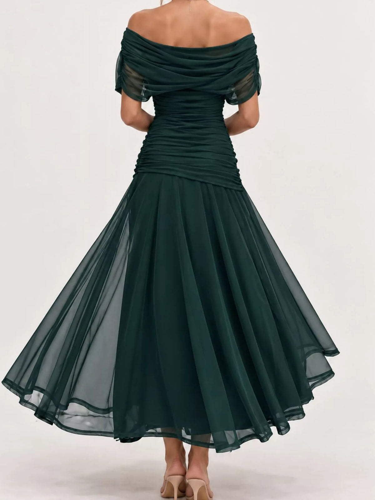 Off-Shoulder Ruched Tulle Evening Maxi Dress