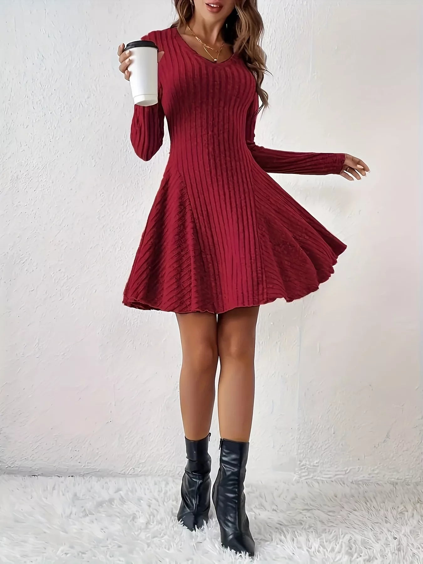 V-Neck Ribbed Knit Flared Dress