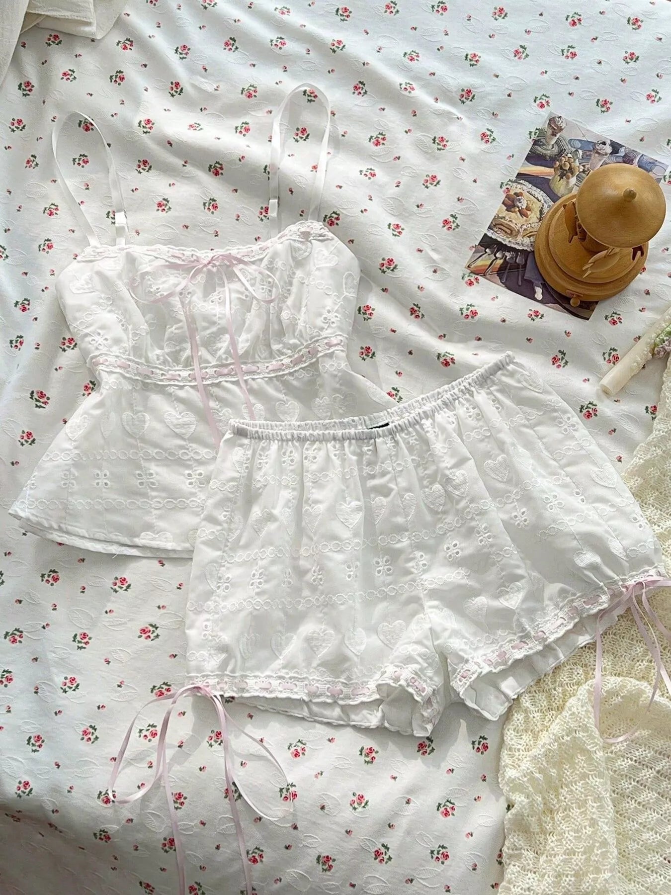 Lace Eyelet Cami and Shorts Set in White