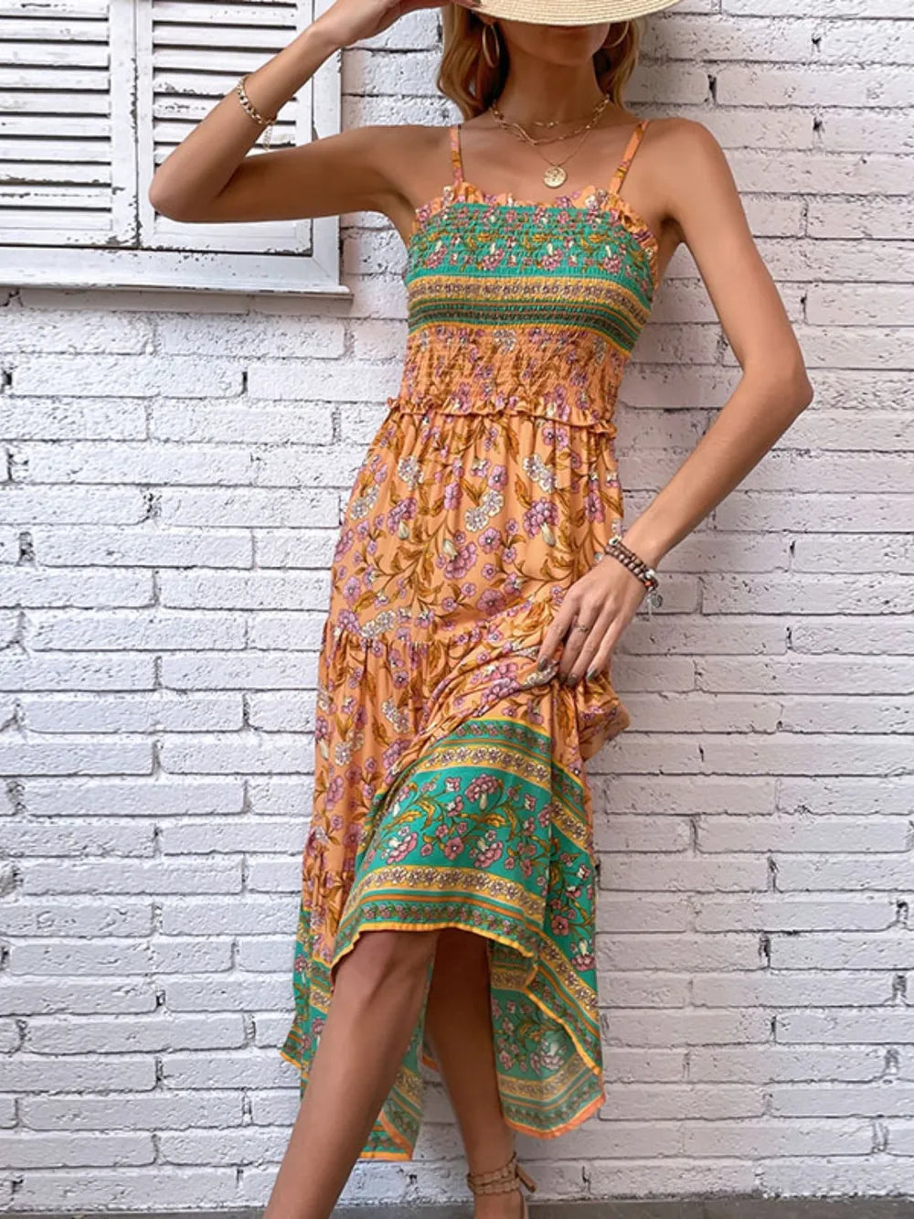 Printed Square Neck Cami Dress in Ochre
