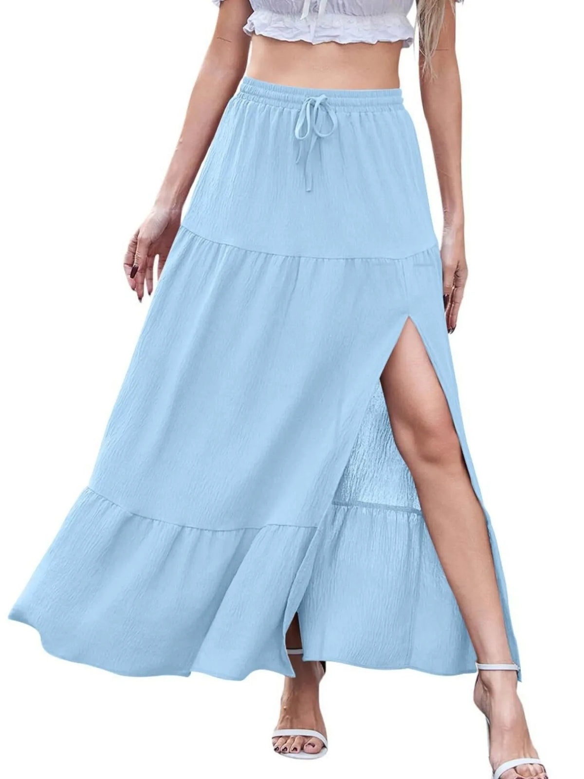 Tiered Ruffled Slit Maxi Skirt