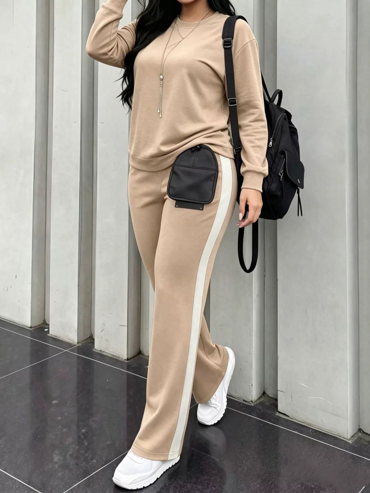 Dropped Shoulder Top and Pants Set in Khaki