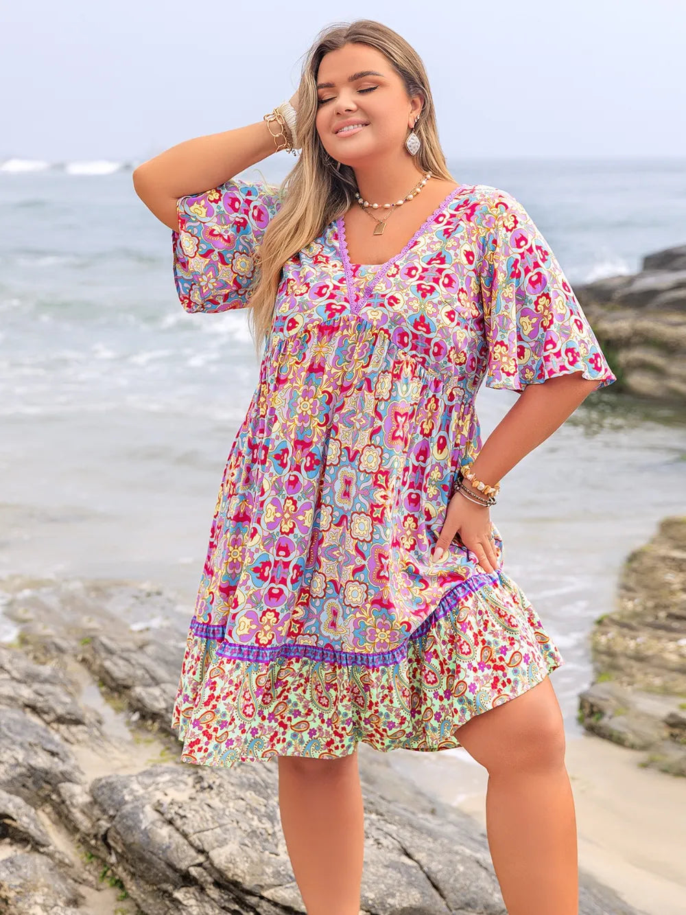 Lace Detail Printed Half Sleeve Dress in Heliotrope Purple