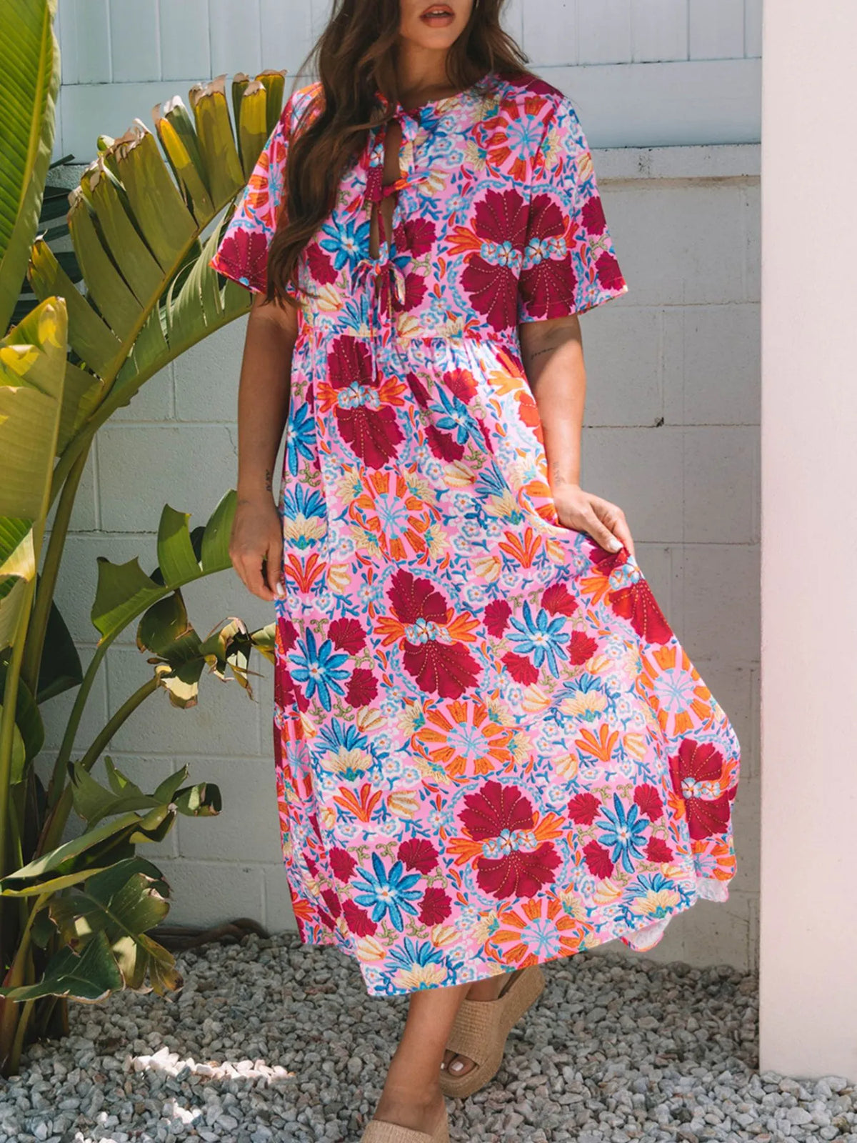 Floral Print Tie-Front Midi Dress