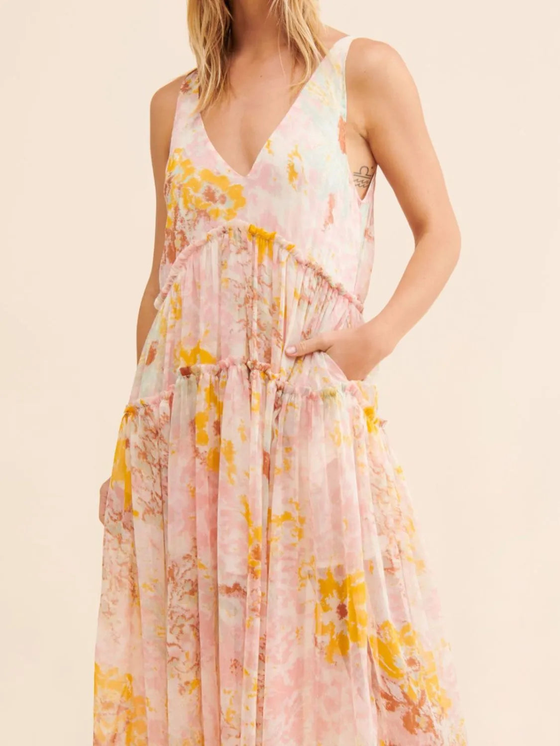 Printed V-Neck Dress with Frill Detail