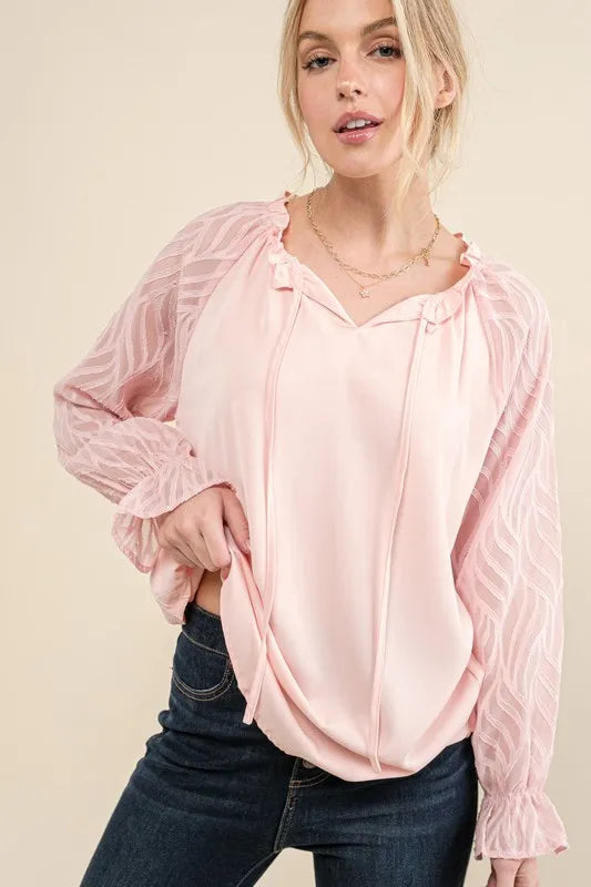 And The Why Leaf-Textured Sleeve Blouse in Pink