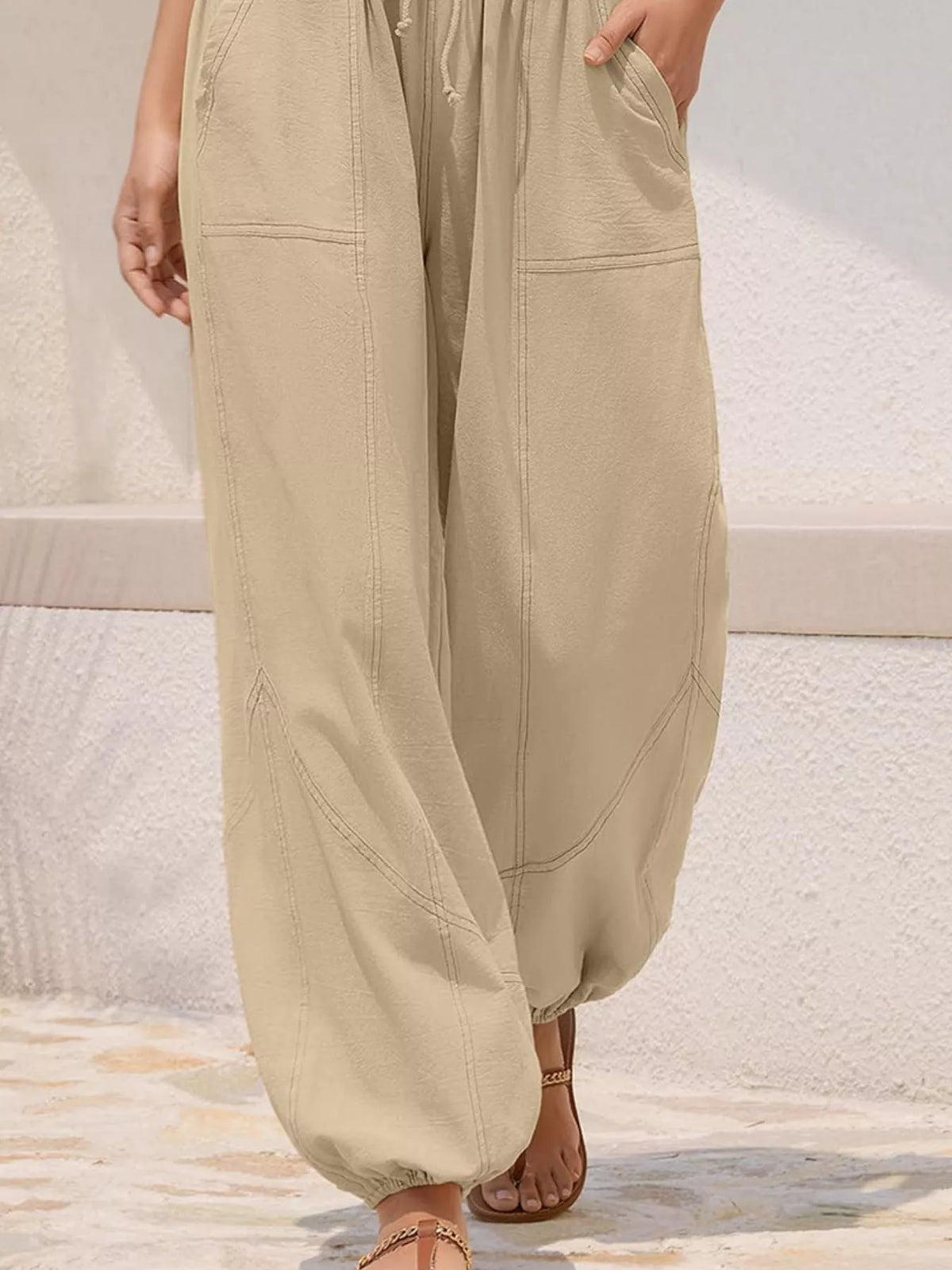 Contrast-Stitch Drawstring Harem Joggers